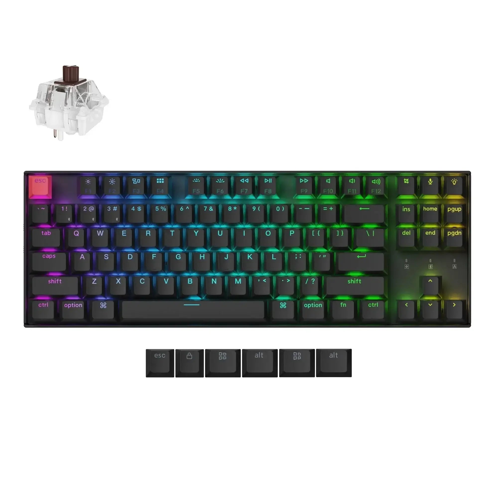 Klawiatura mechaniczna bezprzewodowa RGB z brązowym switchem i wymiennymi keycapami.