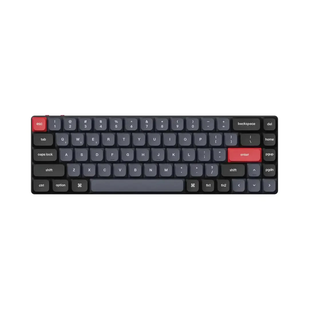 Klawiatura mechaniczna kompaktowa z ciemnymi keycapami i czerwonymi klawiszami enter i esc