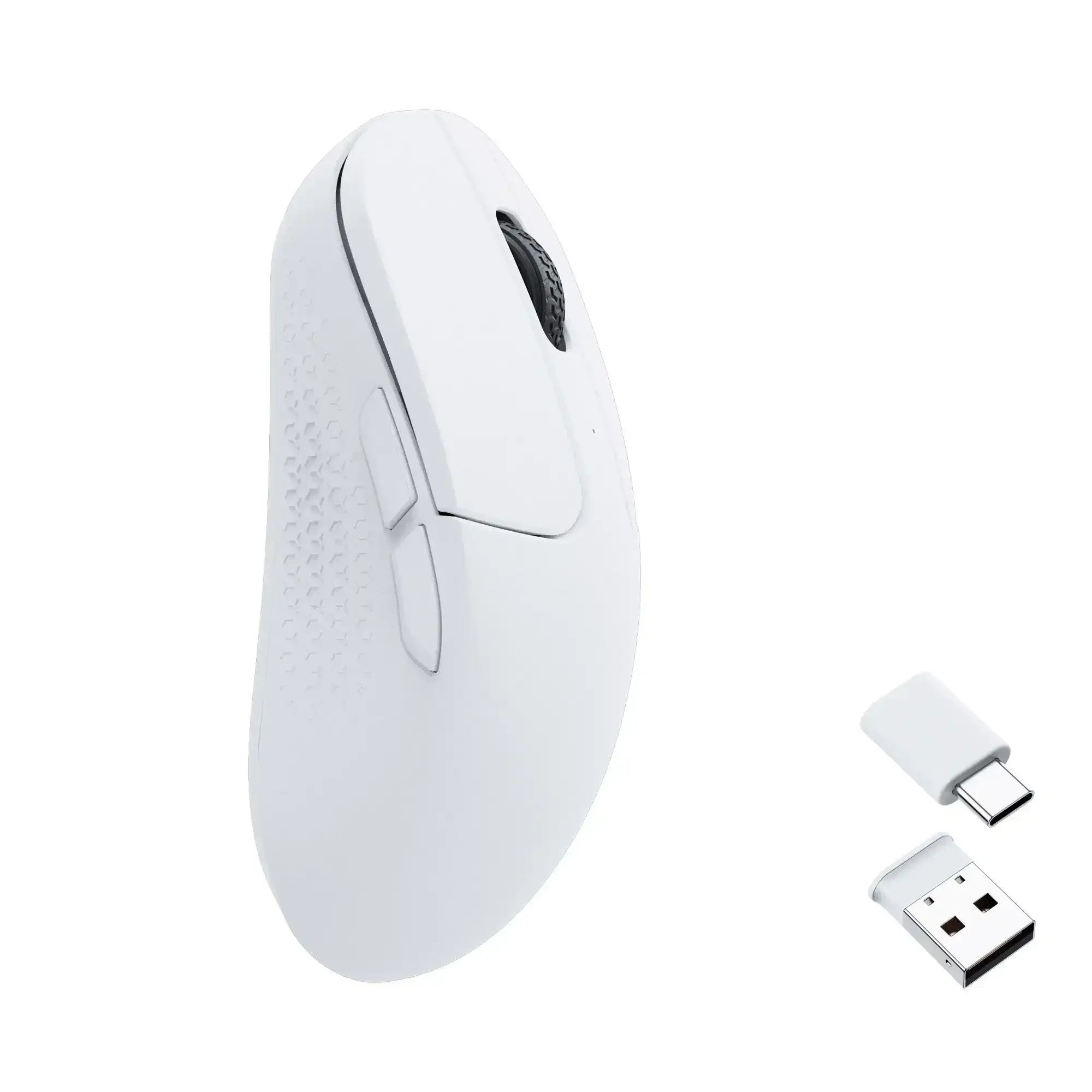 biała myszka bezprzewodowa do komputera z adapterem USB i USB-C, biurowe akcesorium