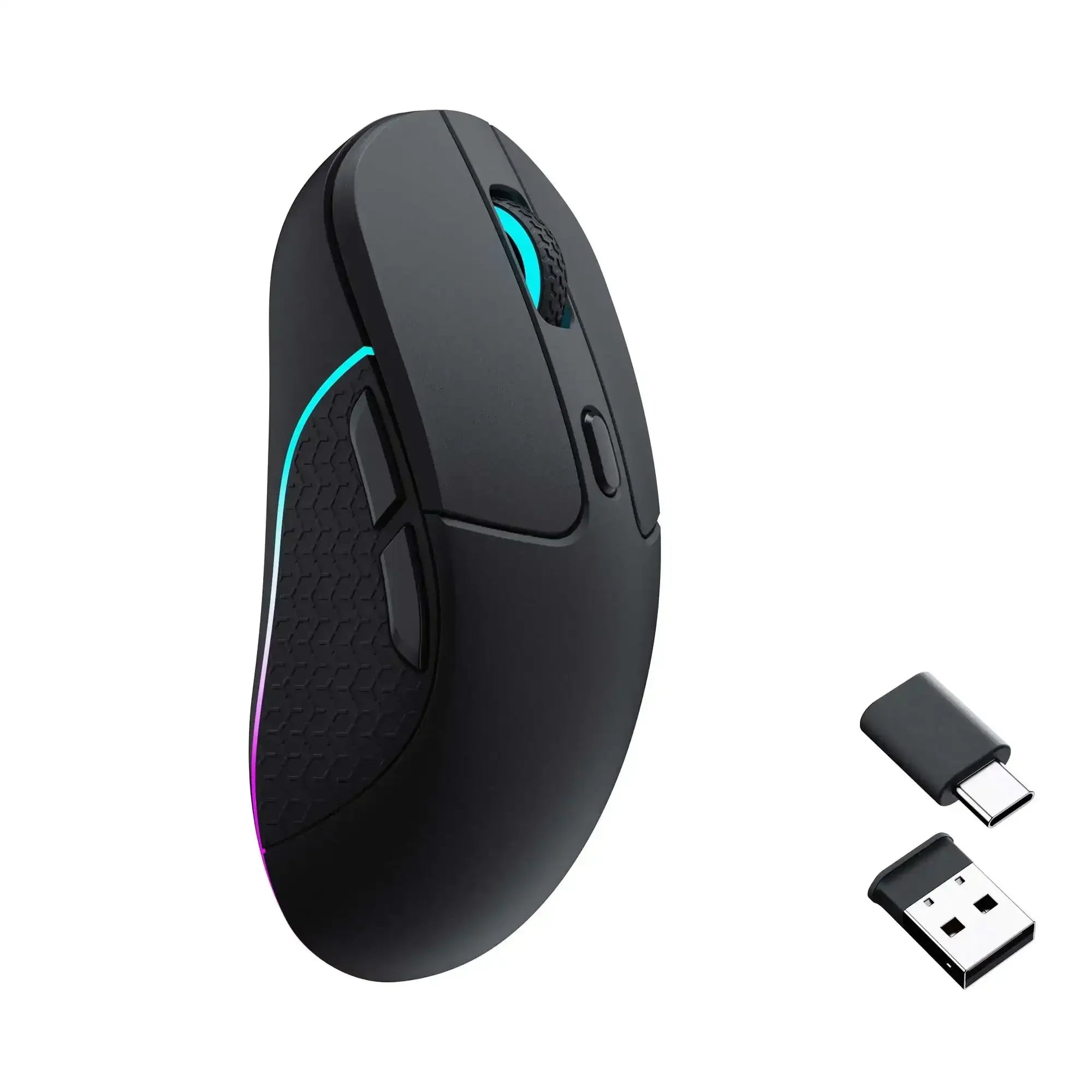 Czarna mysz bezprzewodowa z podświetleniem RGB i odbiornikami USB oraz USB-C, widok z boku.