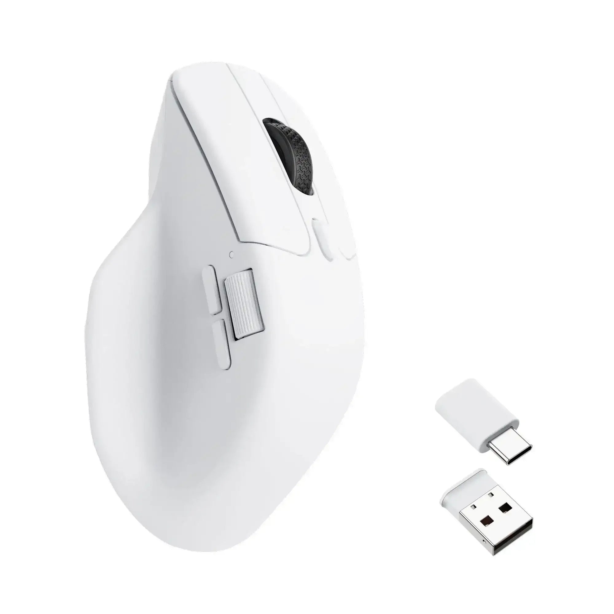 biała ergonomiczna mysz bezprzewodowa z rolką i dwoma odbiornikami USB, akcesorium biurowe