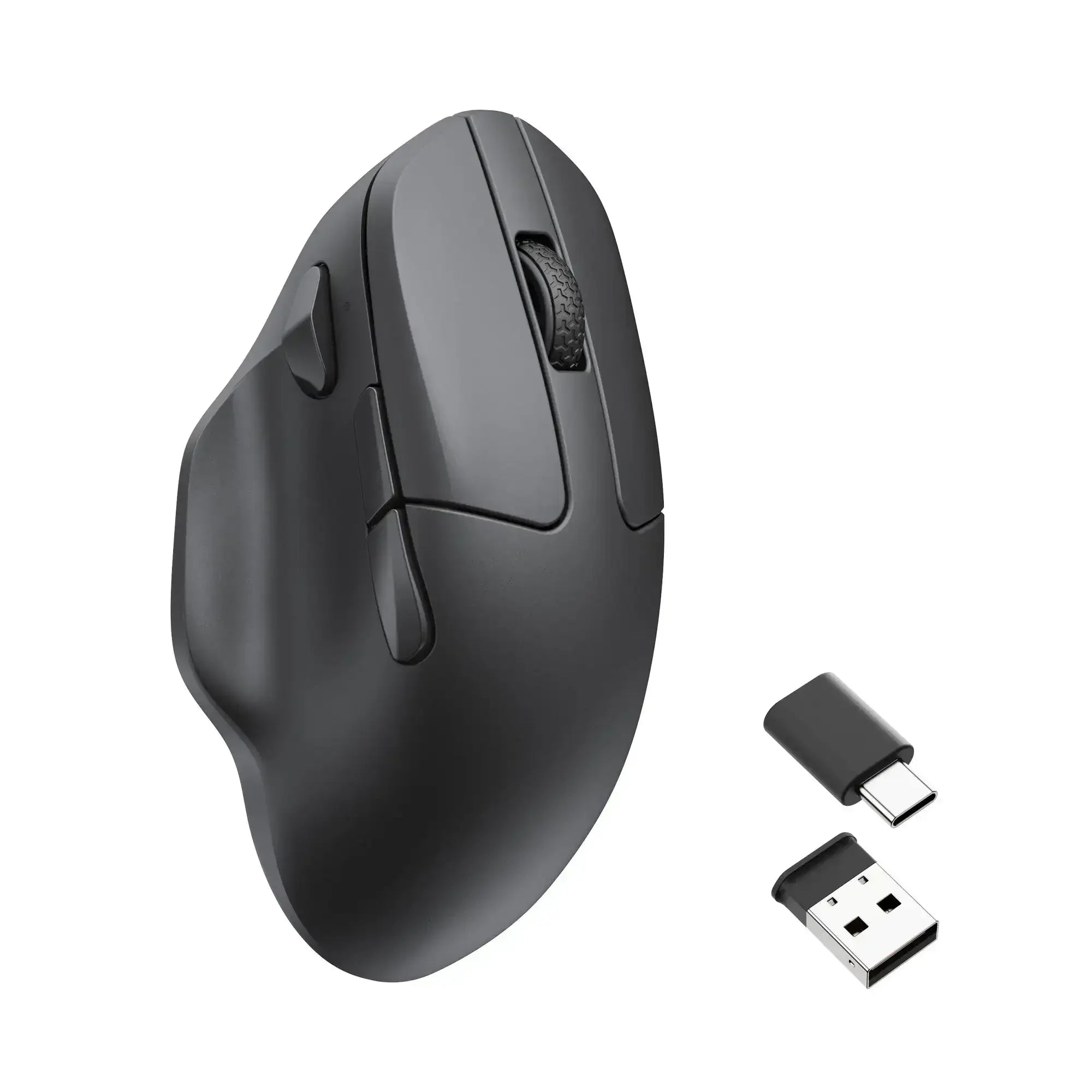 Czarna mysz bezprzewodowa ergonomiczna z adapterami USB i USB-C, akcesorium biurowe