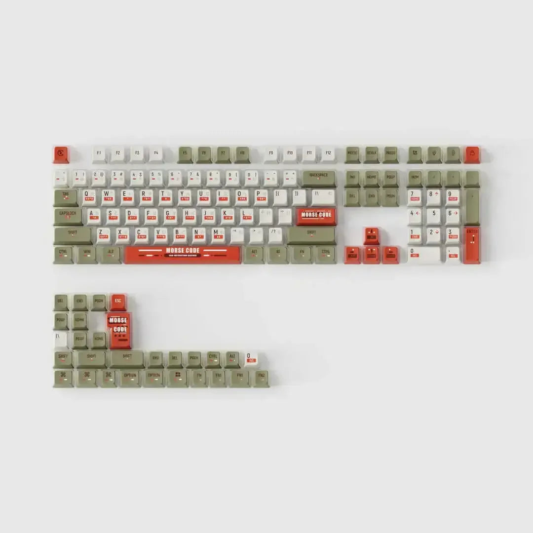 Zestaw keycapów PBT do klawiatury mechanicznej, motyw Morse Code, białe, oliwkowe i czerwone klawisze