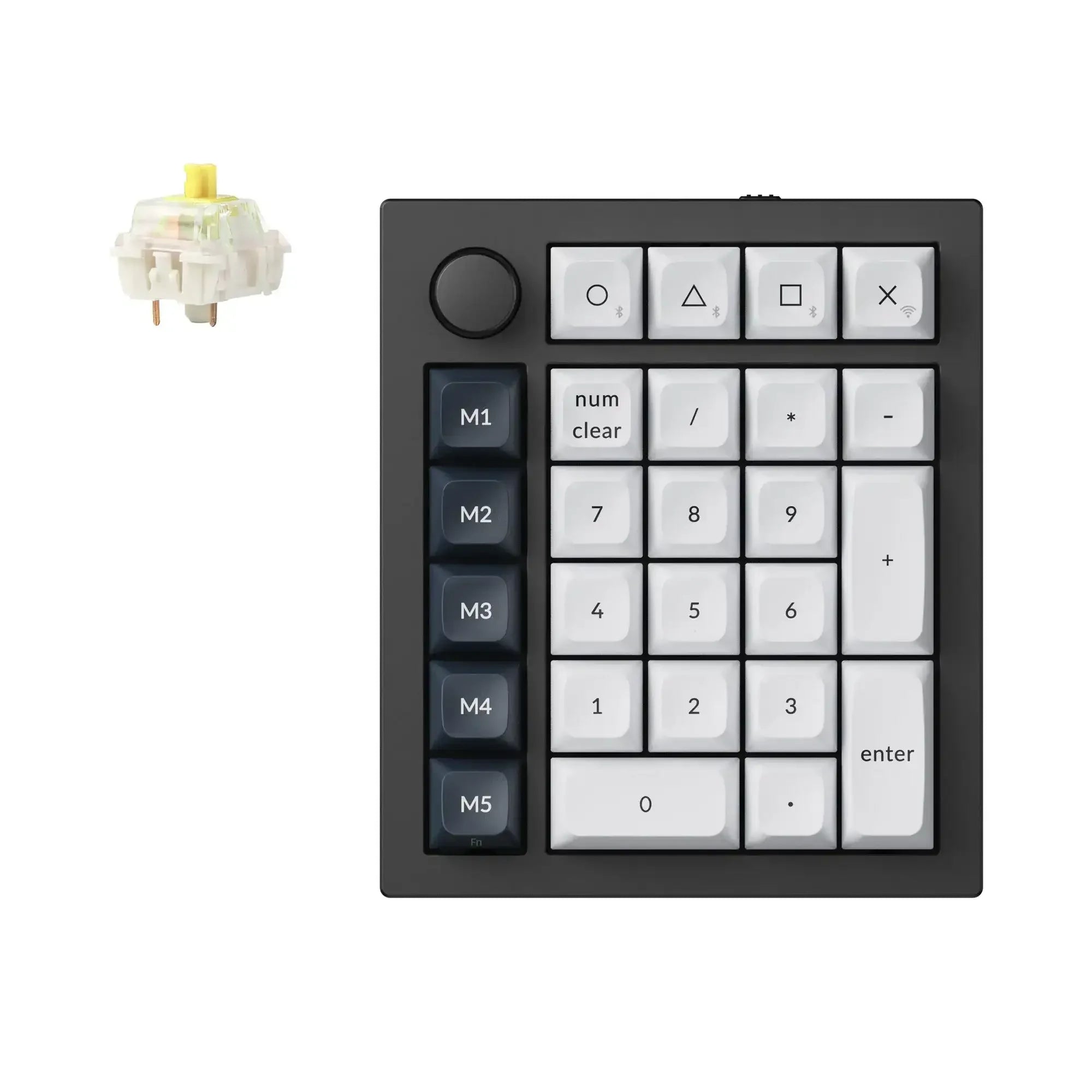 Czarna aluminiowa klawiatura numeryczna mechaniczna z pokrętłem i białymi klawiszami, widoczny żółty switch.