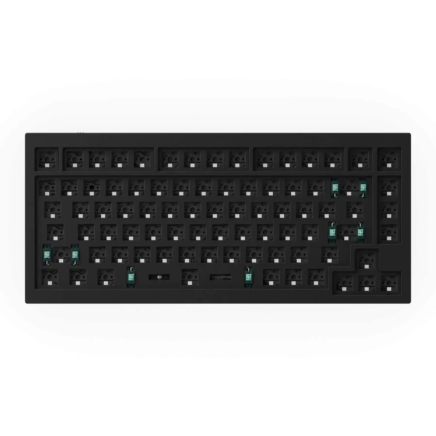 Czarna klawiatura mechaniczna barebone 75%, bez keycapów i switchy, widok z góry