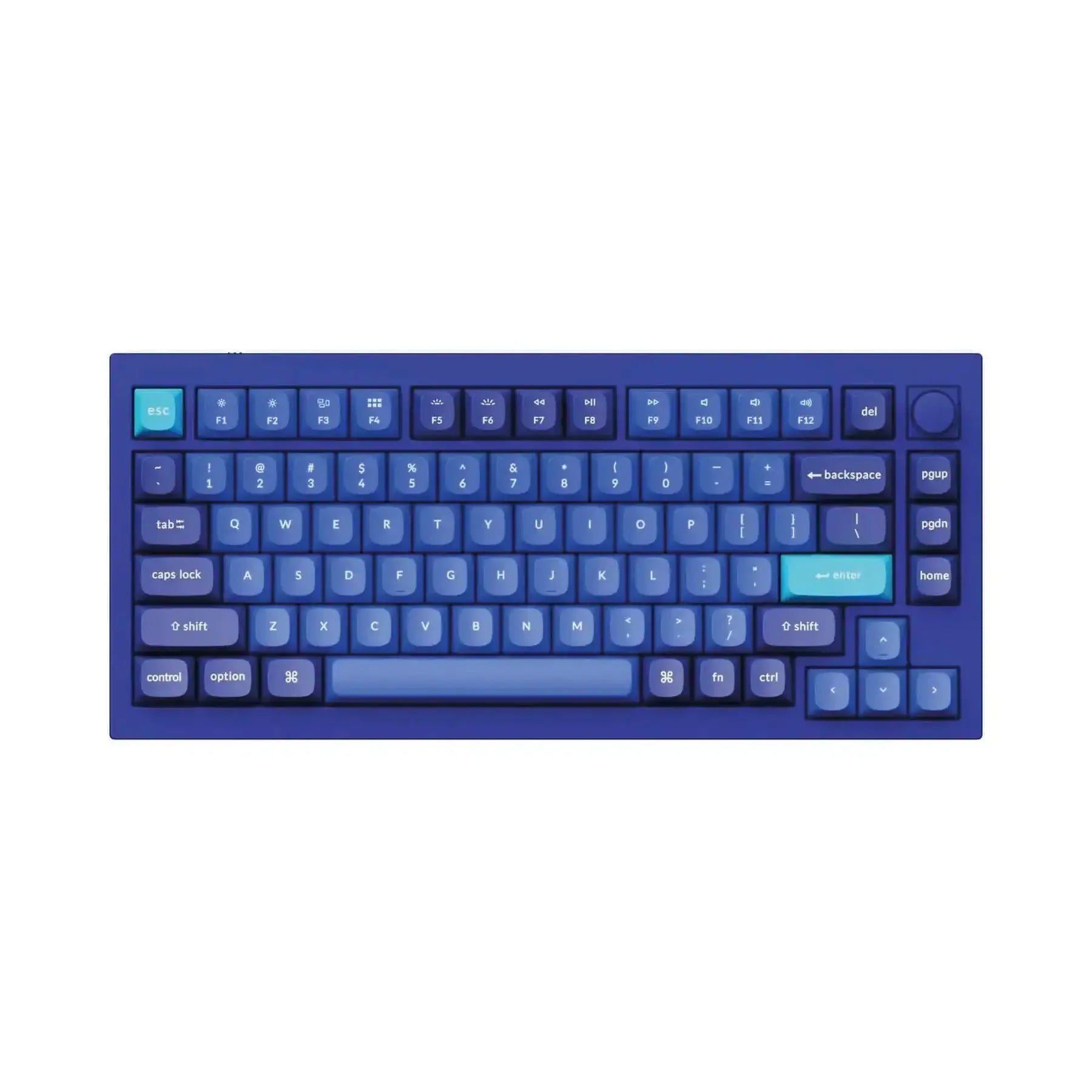 Granatowa klawiatura mechaniczna z pokrętłem, niebieskie keycapy, nowoczesny design