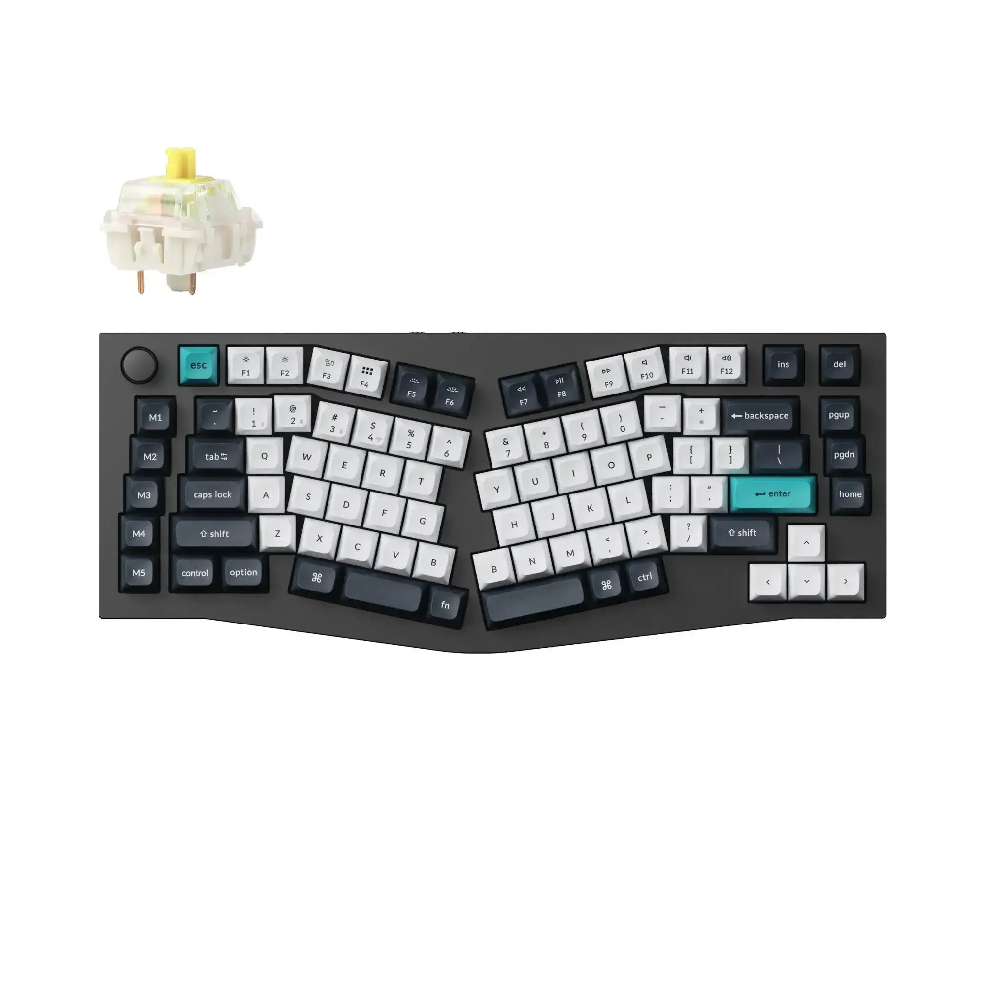 Czarna klawiatura mechaniczna ergonomicznym układzie Alice z pokrętłem i kolorowymi keycapami, widoczny switch mechaniczny.