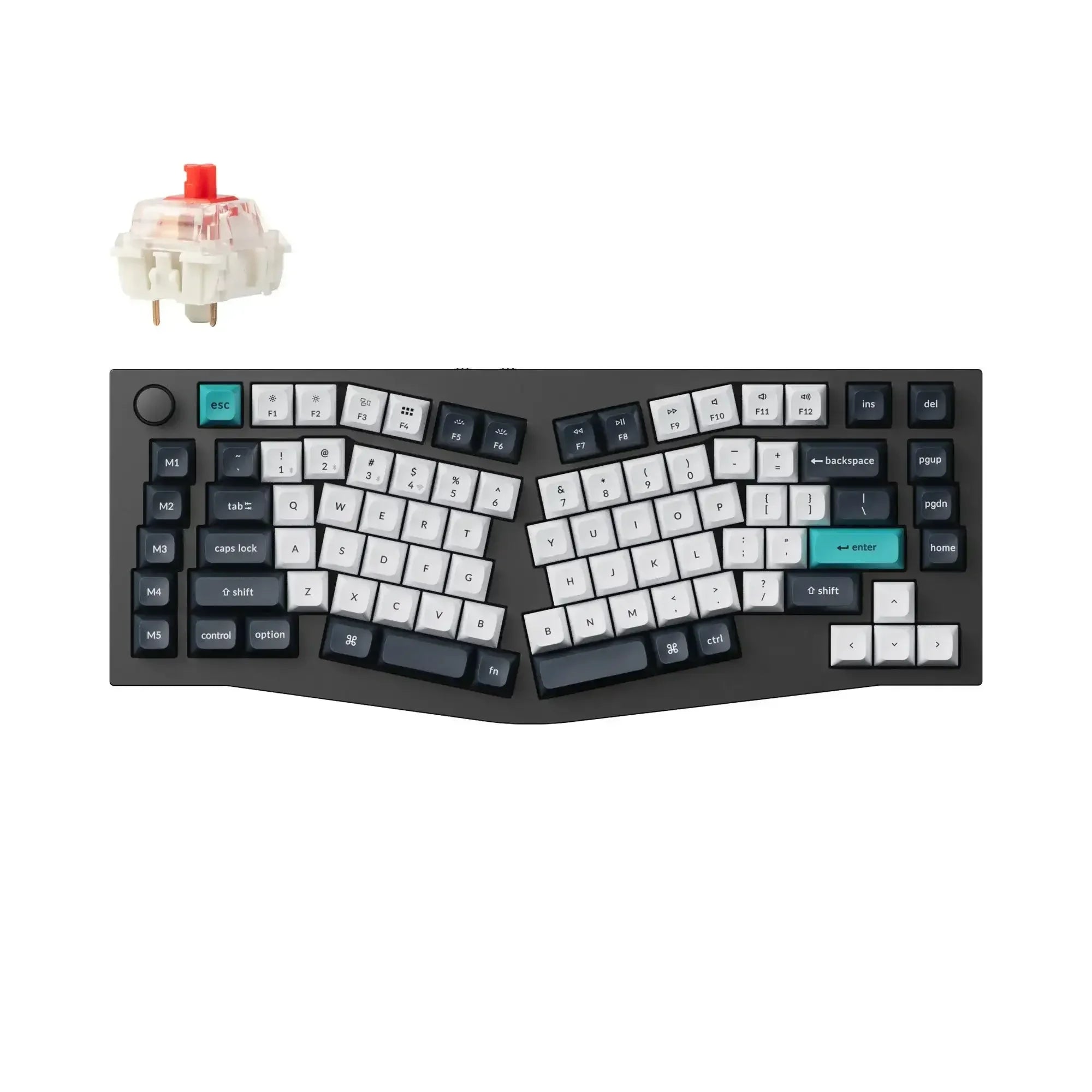 Czarna klawiatura mechaniczna ergonomicznym układzie Alice, pokrętło, przycisk z zielonym profilem, przełącznik Gateron czerwony.