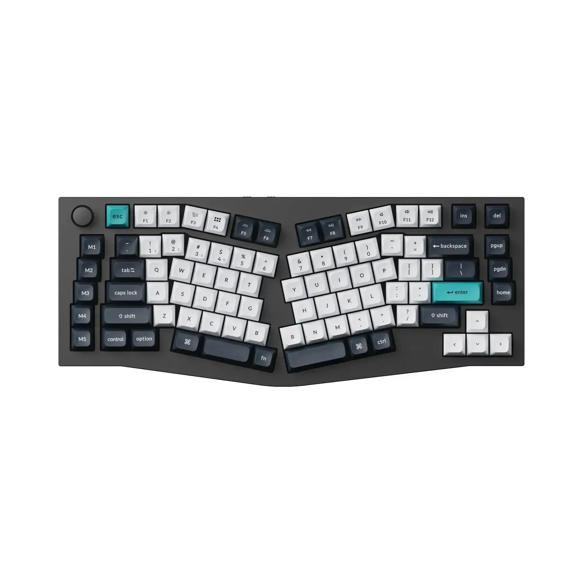 Czarna klawiatura mechaniczna aluminiowa z ergonomicznym układem Alice i pokrętłem, keycapy w odcieniach szarości