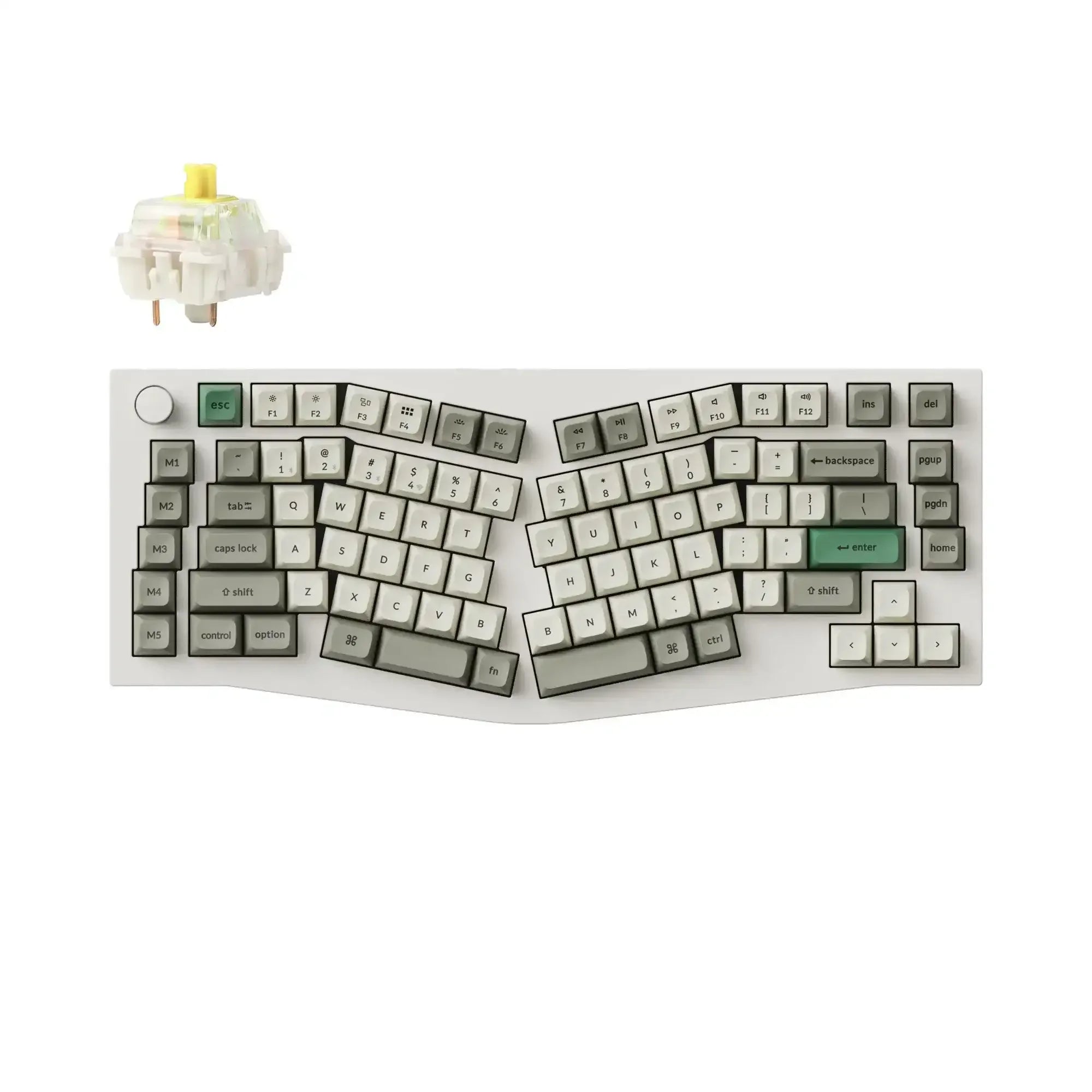 Biała klawiatura mechaniczna ergonomiczna, układ Alice, z pokrętłem i przełącznikiem Banana.