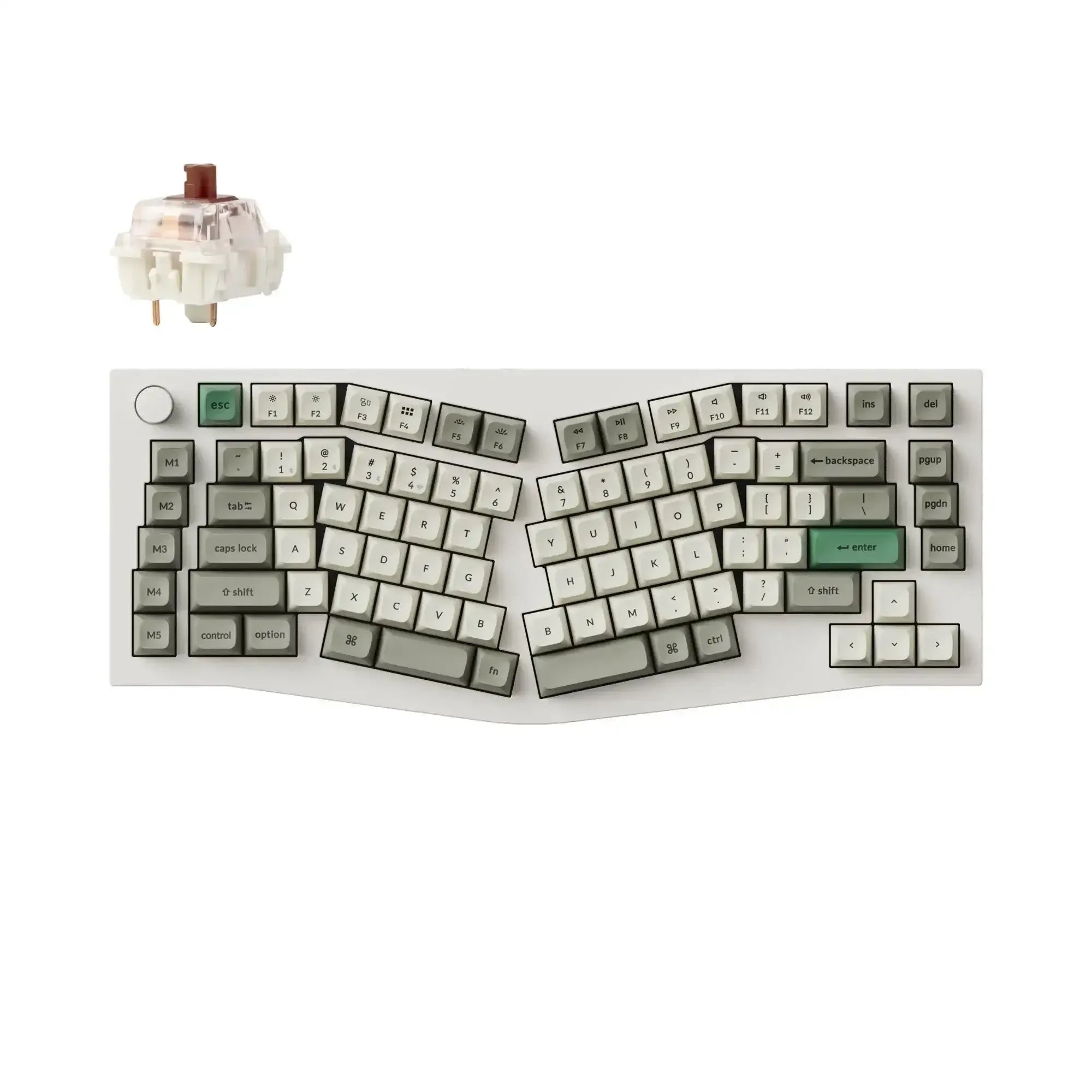 Ergonomiczna klawiatura mechaniczna o układzie Alice, aluminiowa, z brązowym switchem.