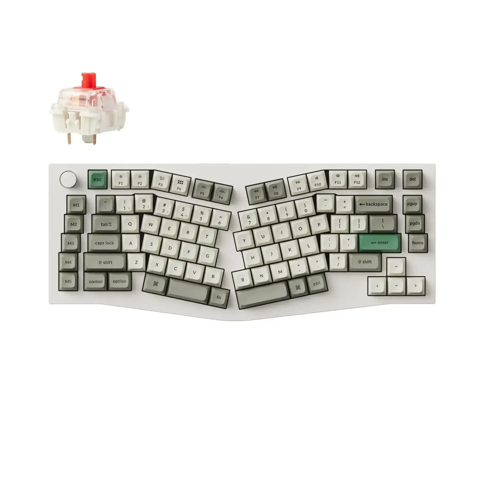 Biała mechaniczna klawiatura ergonomiczna Alice, aluminiowa, z pokrętłem i przełącznikiem czerwonym.