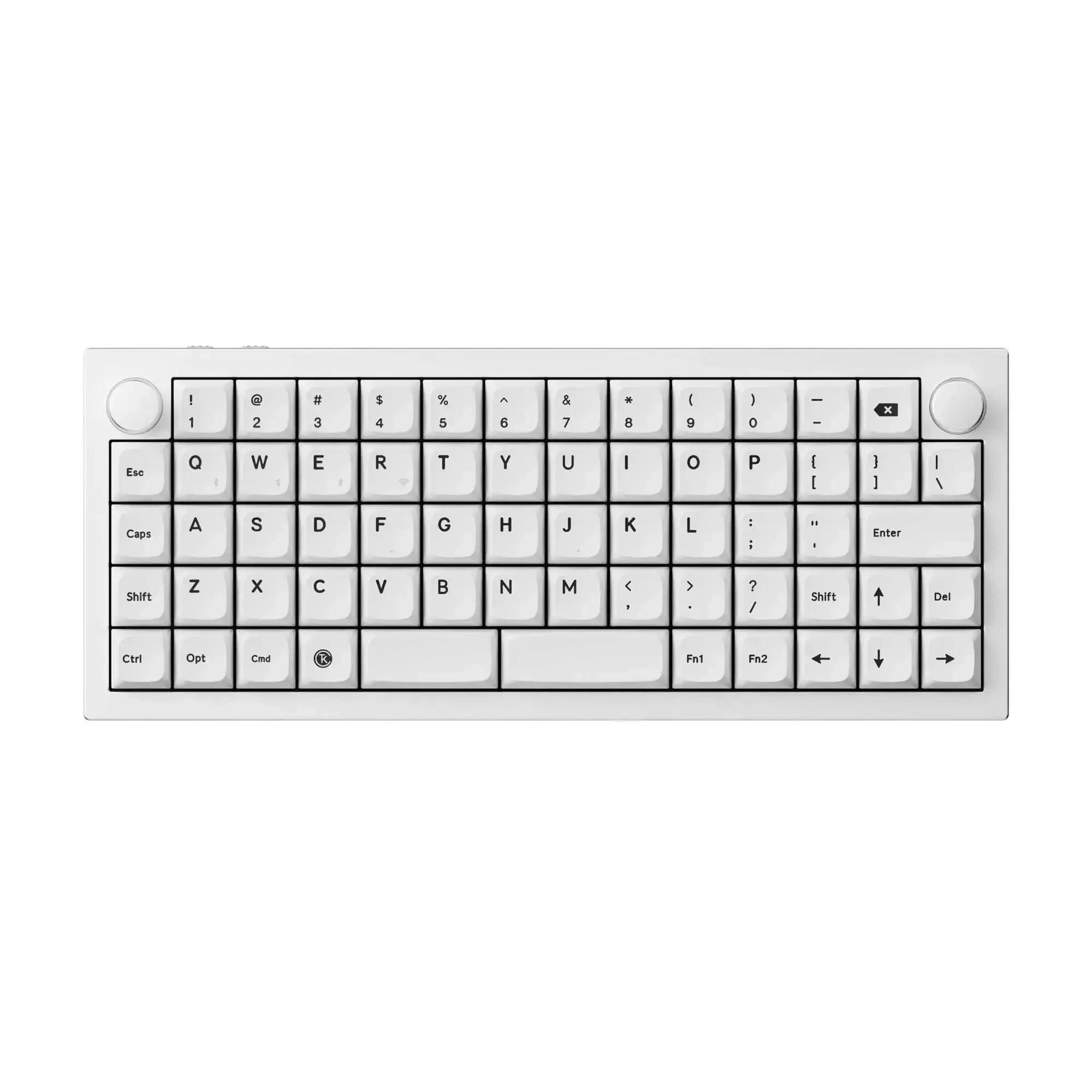 Biała klawiatura mechaniczna ortholinearna ze srebrną obudową i pokrętłami, układ QMK.