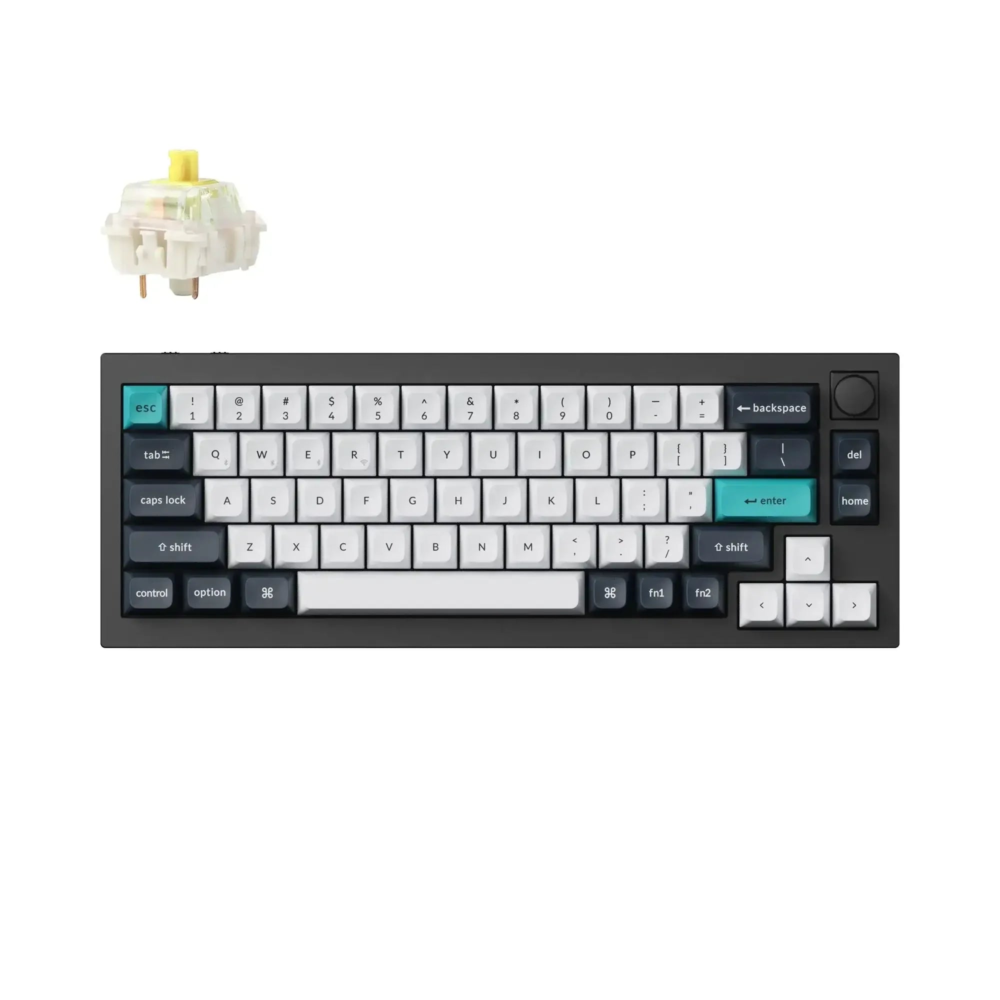 Czarna klawiatura mechaniczna 65% z pokrętłem i klawiszami w odcieniach szarości oraz switch Gateron Banana.