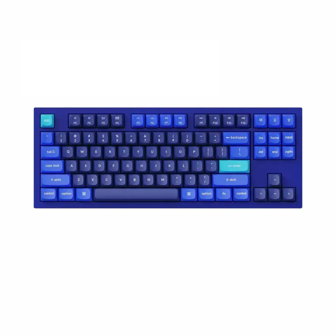 Niebieska klawiatura mechaniczna TKL z kolorowymi keycapami, idealna do home office