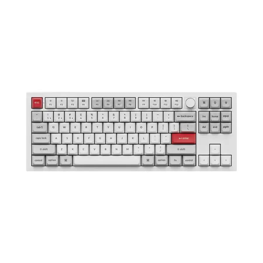Biała klawiatura mechaniczna TKL z aluminiową obudową i czerwonymi klawiszami, RGB.