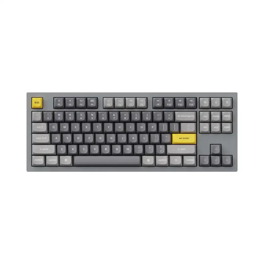 Klawiatura mechaniczna szaro-żółta, układ TKL, klawisze w odcieniach szarości, żółte ESC i Enter