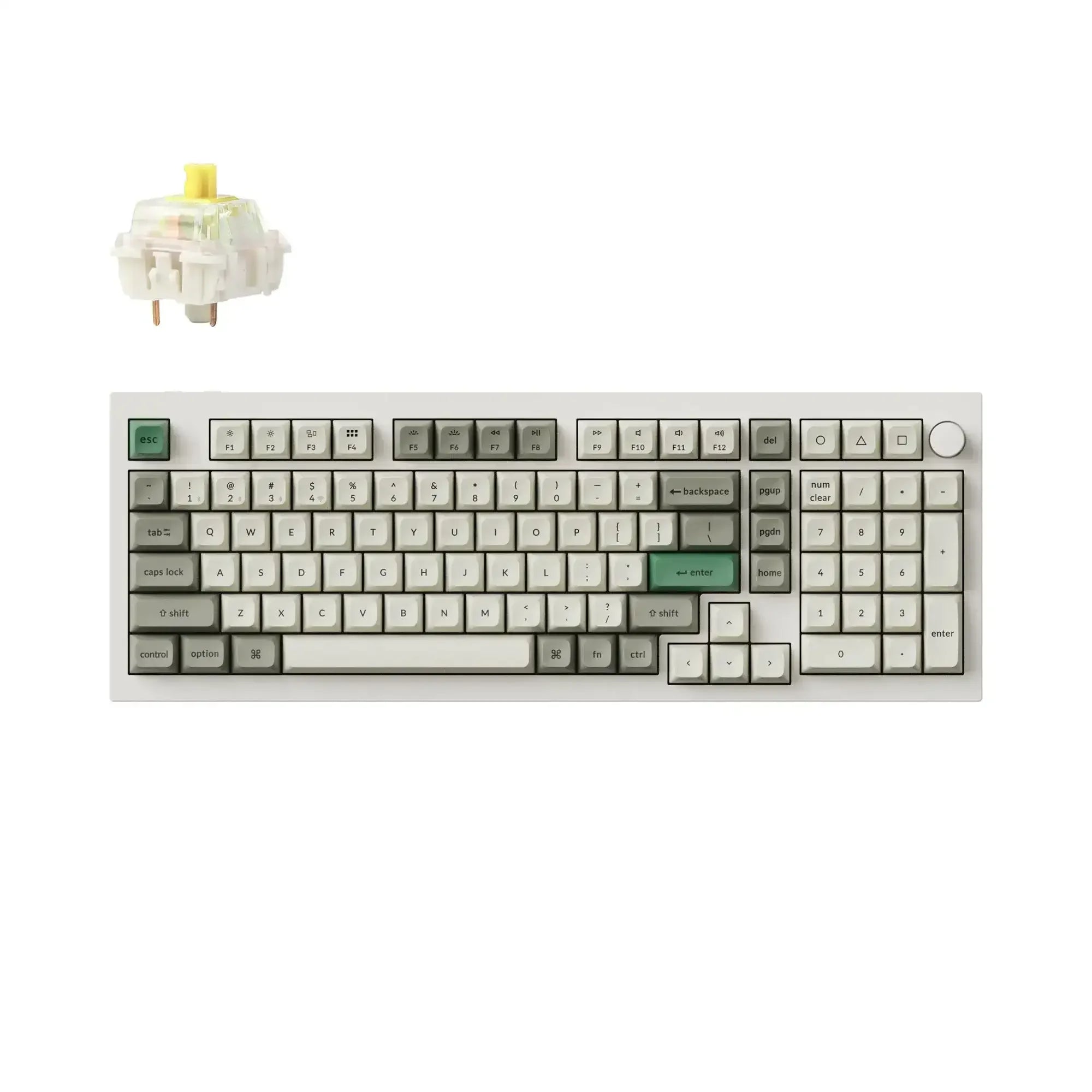Klawiatura mechaniczna aluminiowa 96% z pokrętłem, białe i zielone keycapy, switch Gateron Banana