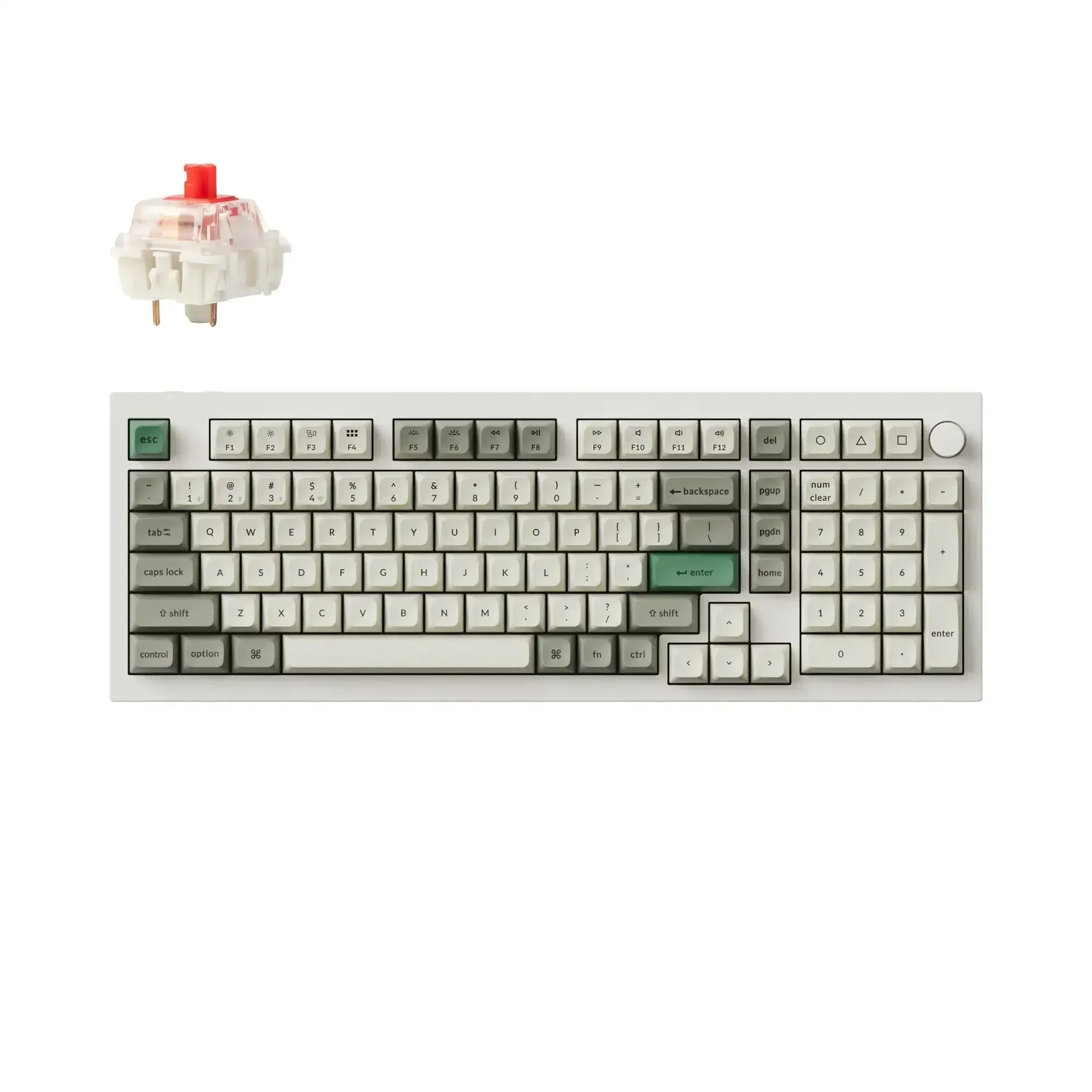Klawiatura mechaniczna aluminiowa 96% z pokrętłem, keycapy szare i zielone, switch Gateron czerwony