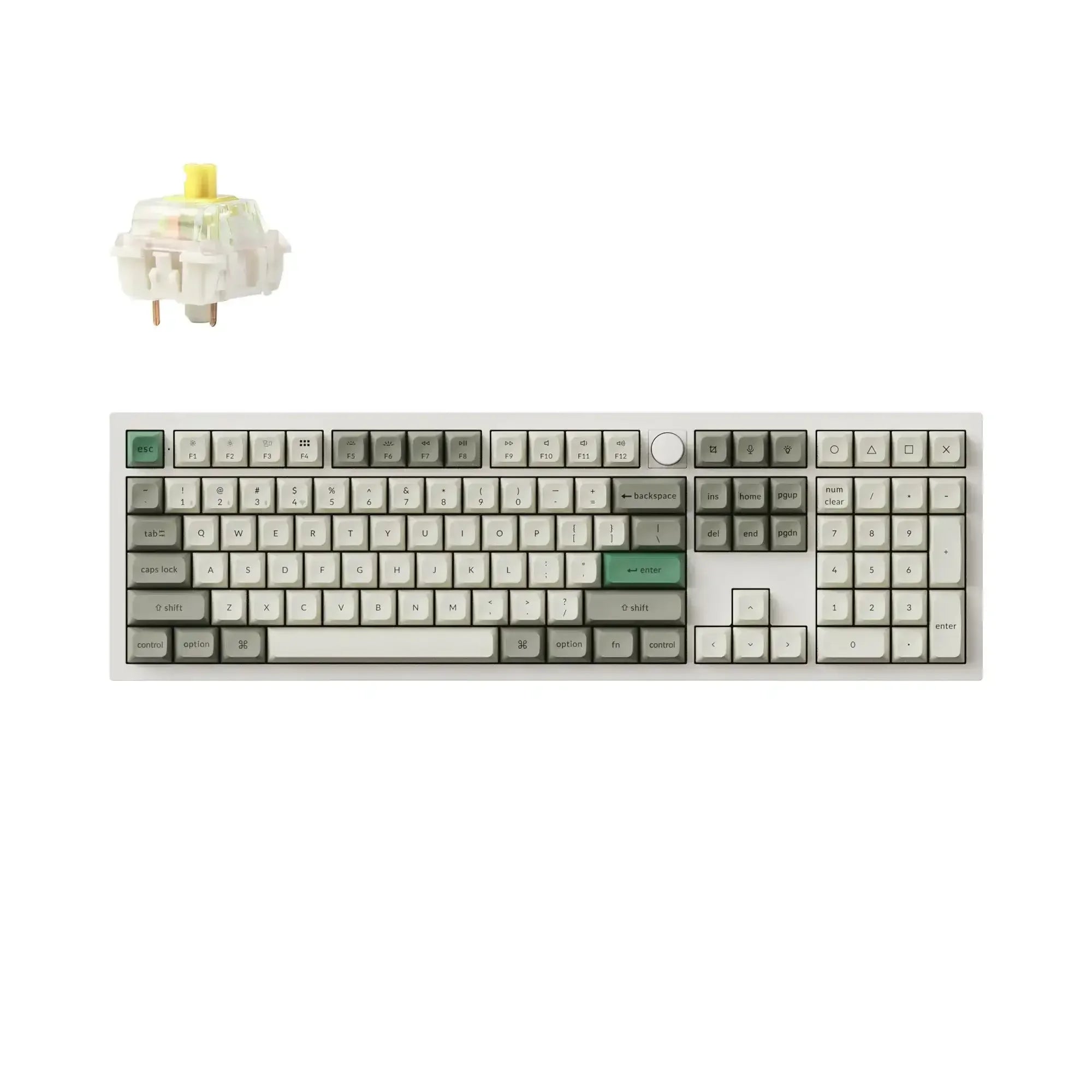 Biała klawiatura mechaniczna 100% z pokrętłem i szaro-zielonymi keycapami, przełącznik Gateron Jupiter Banana.