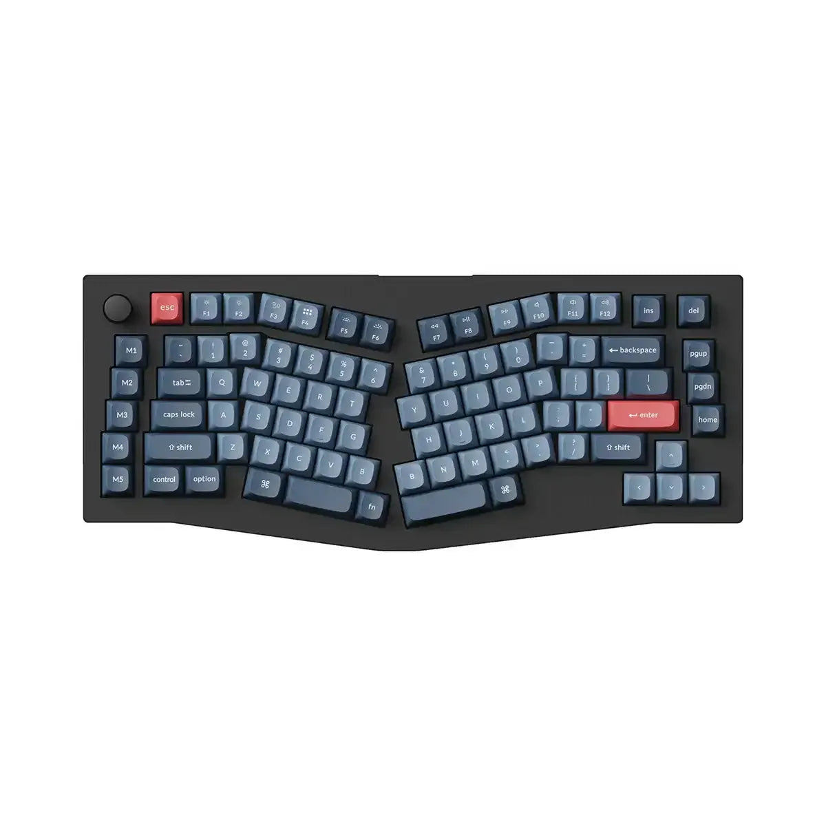 Ergonomiczna klawiatura mechaniczna z niebieskimi keycapami, czerwonym Enter i Esc, układ split.
