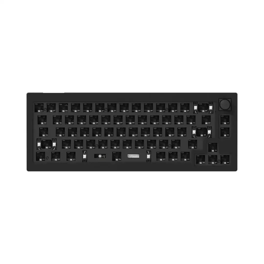 Czarna barebone klawiatura mechaniczna 65%, hot-swappable, z pokrętłem, bez keycapów.