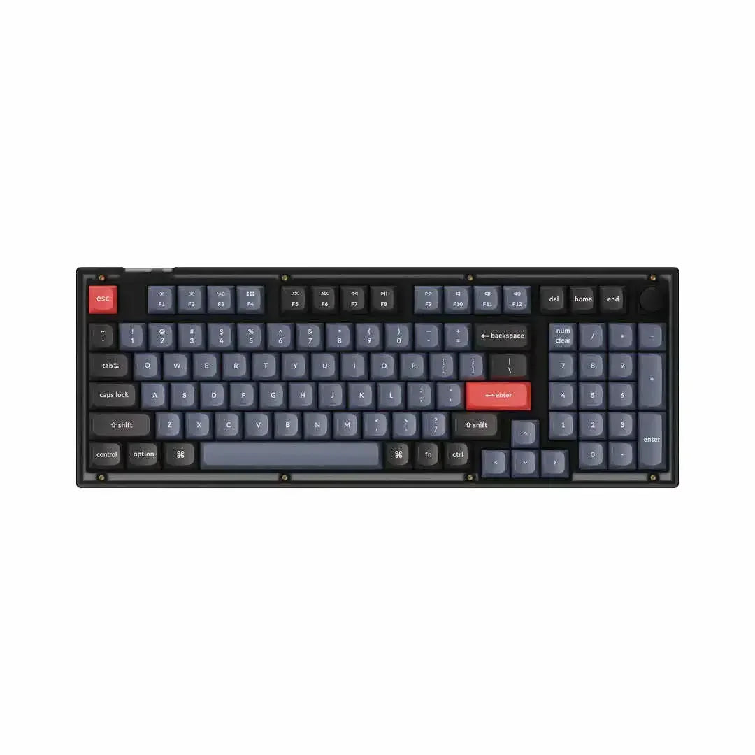 Klawiatura mechaniczna czarno-szara z pokrętłem i czerwonymi klawiszami Enter oraz Esc