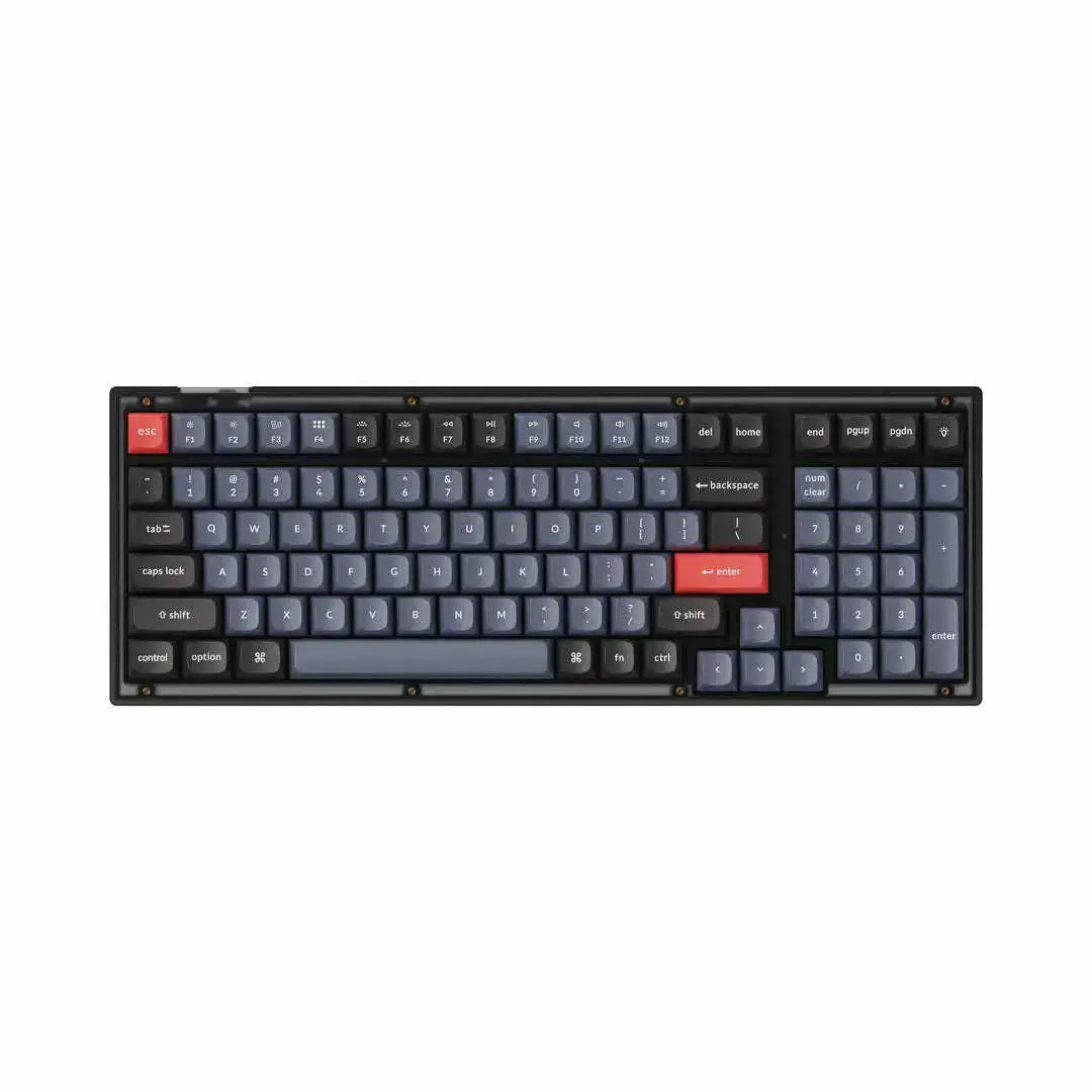 Klawiatura mechaniczna w kolorze czarno-szarym z czerwonymi klawiszami esc i enter.
