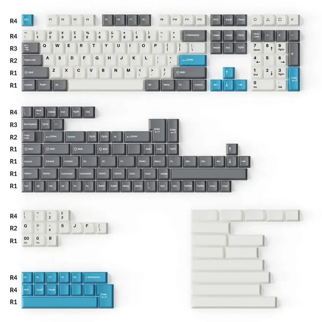 Zestaw keycapów PBT do klawiatury mechanicznej w kolorach szarym, białym i niebieskim