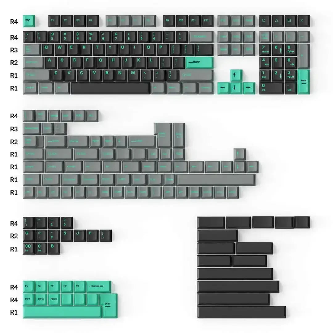 Zestaw keycapów PBT Cherry profile w kolorach czarnym i turkusowym, ułożony na białym tle, do klawiatur mechanicznych ANSI, ISO, HHKB, WKL, różne układy i rozmiary.