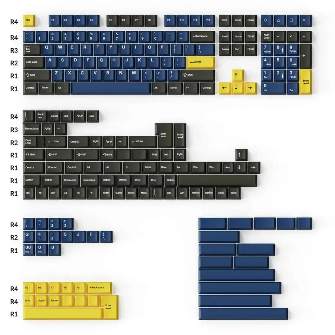 Zestaw keycapów PBT Cherry profile w kolorach granatowym, czarnym i żółtym do klawiatury mechanicznej.