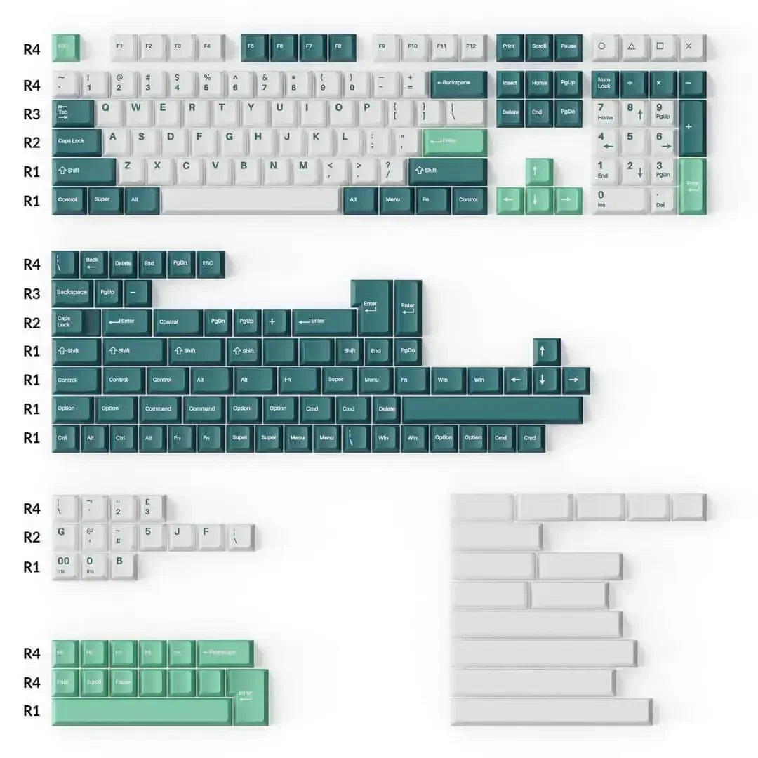 Biało-miętowe i zielone keycapy PBT Cherry profile, zestaw na różne układy klawiatur mechanicznych.