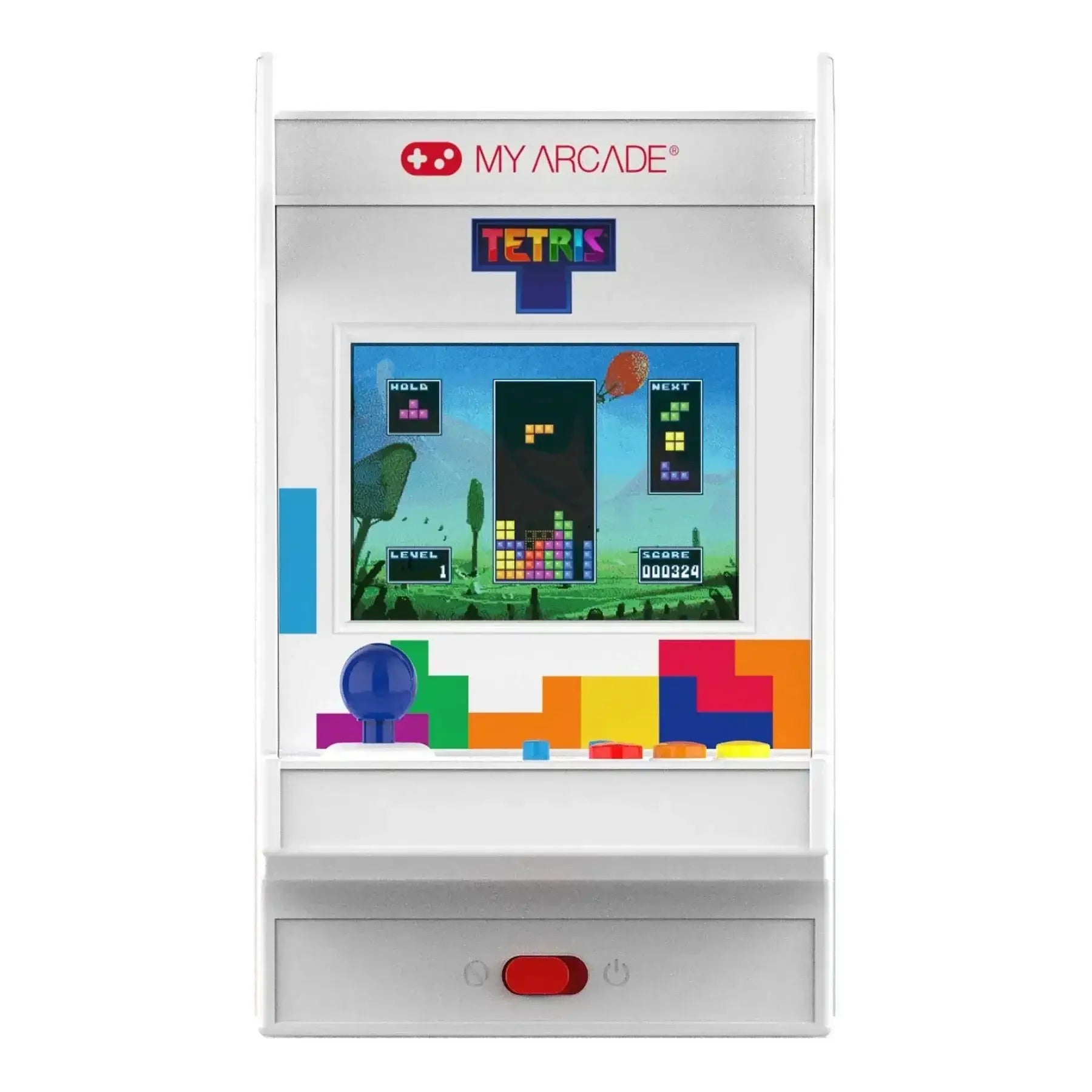 Biała mini konsola arcade MY ARCADE z grą Tetris na kolorowym ekranie, joystick i przyciski