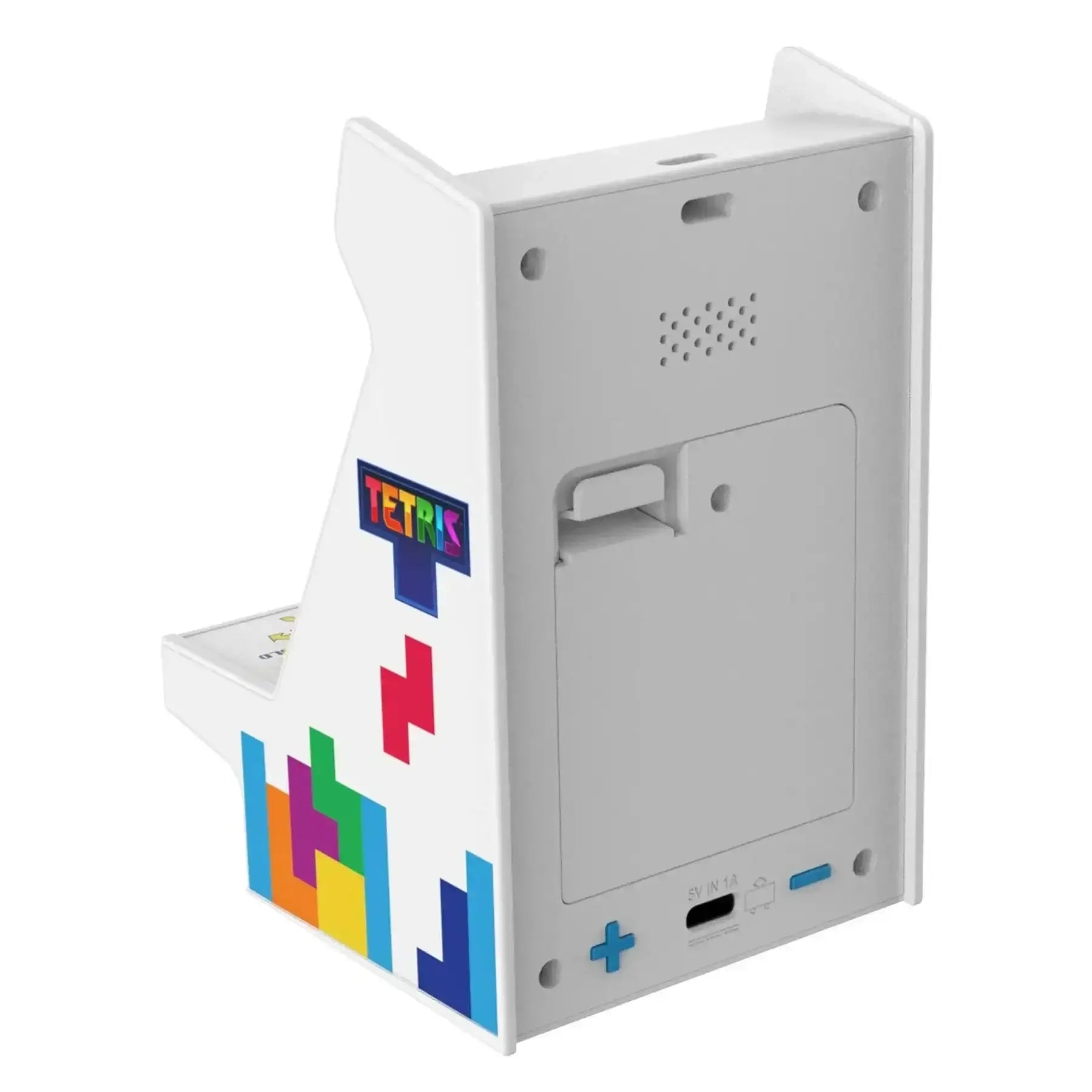 Mini konsola retro arcade Tetris, biały tył, kolorowe klocki, port ładowania USB