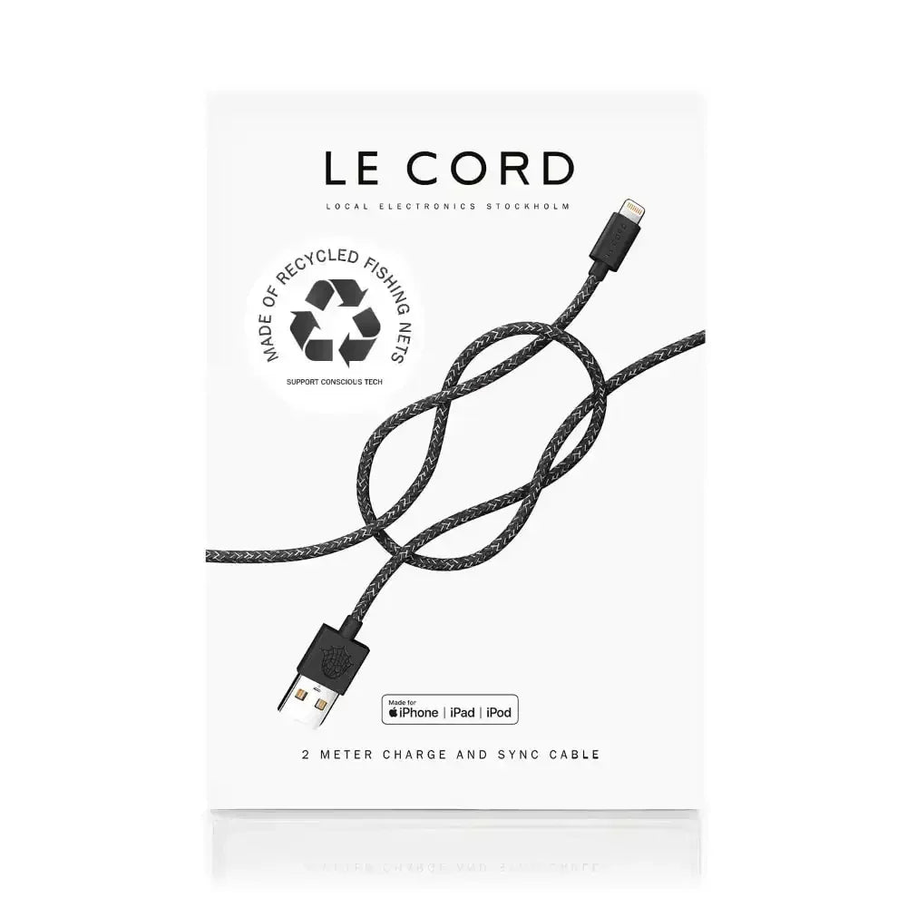 Czarny kabel USB do iPhone, iPad i iPod, 2 metry, wykonany z recyklingu, ekologiczne akcesoria biurowe.