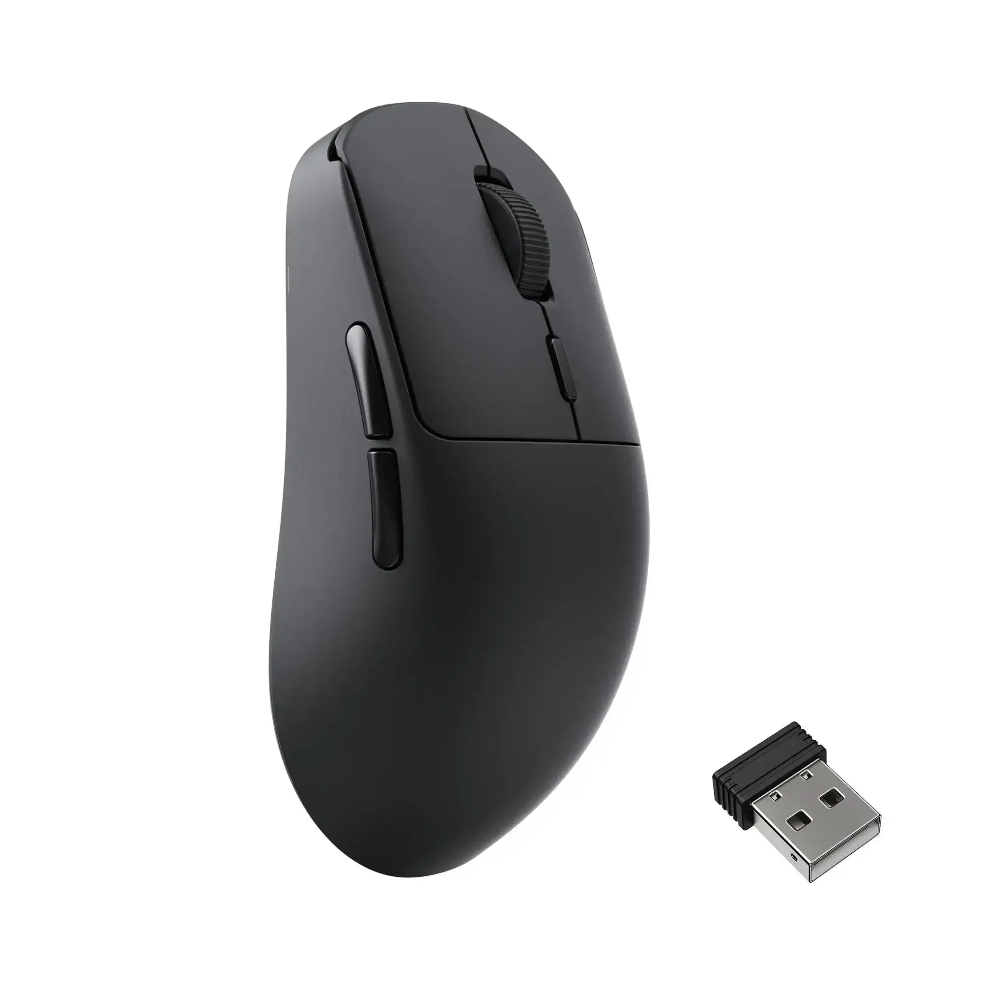 Czarna bezprzewodowa mysz komputerowa z adapterem USB, ergonomiczny design, biuro