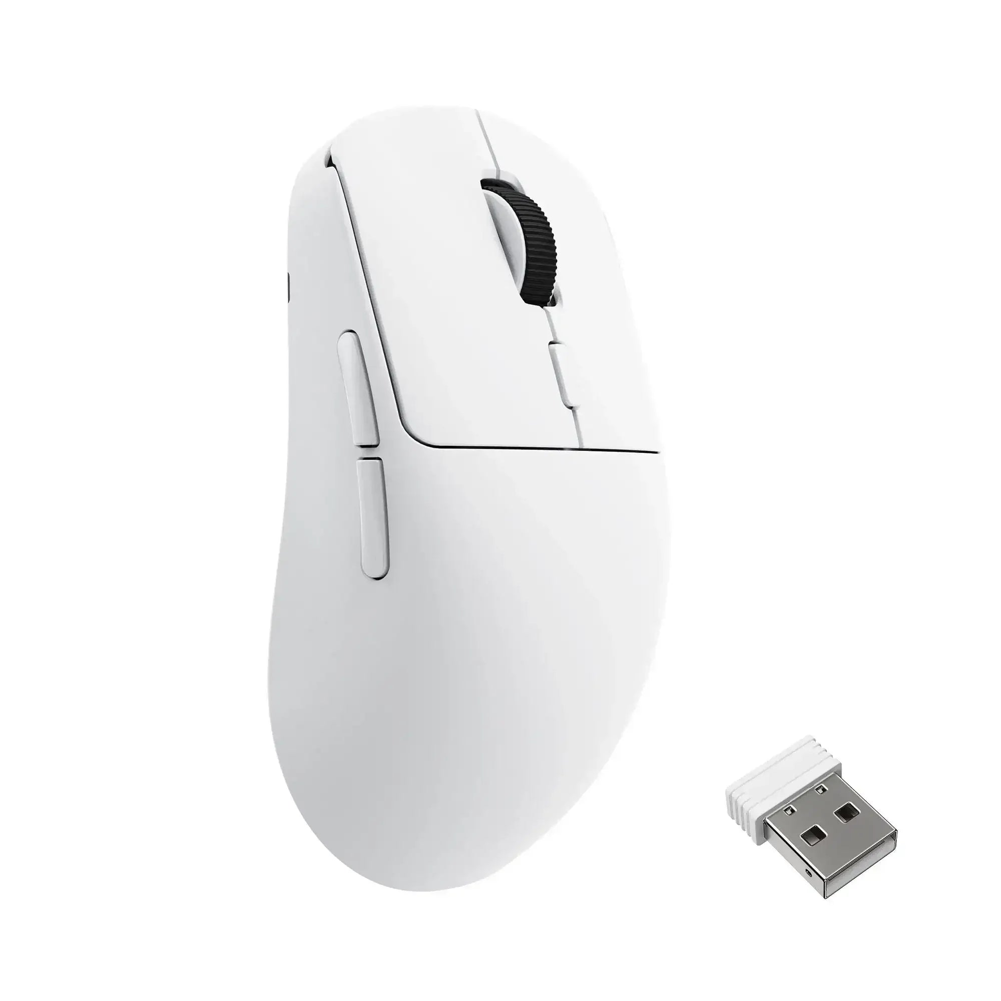 Biała myszka bezprzewodowa z odbiornikiem USB, ergonomiczny design, akcesoria biurowe