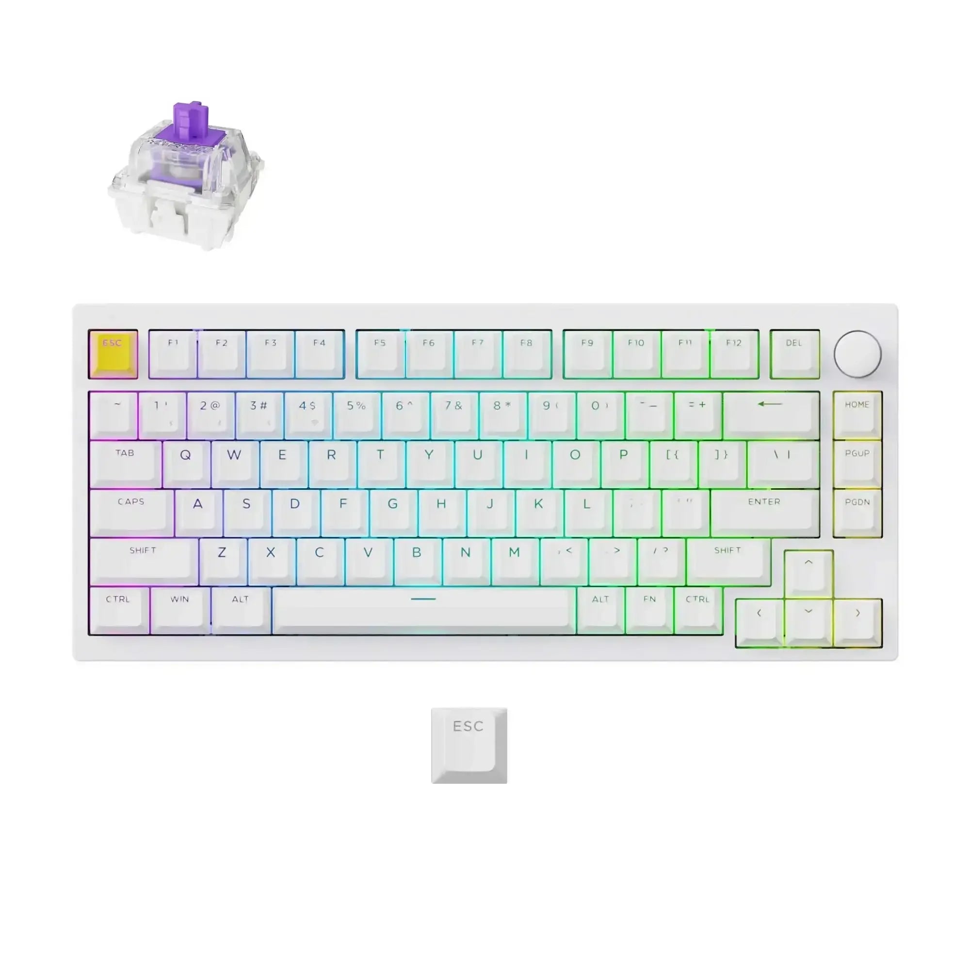 Biała klawiatura mechaniczna gamingowa RGB, aluminiowa rama, podświetlenie, wymienne keycapy i switch.