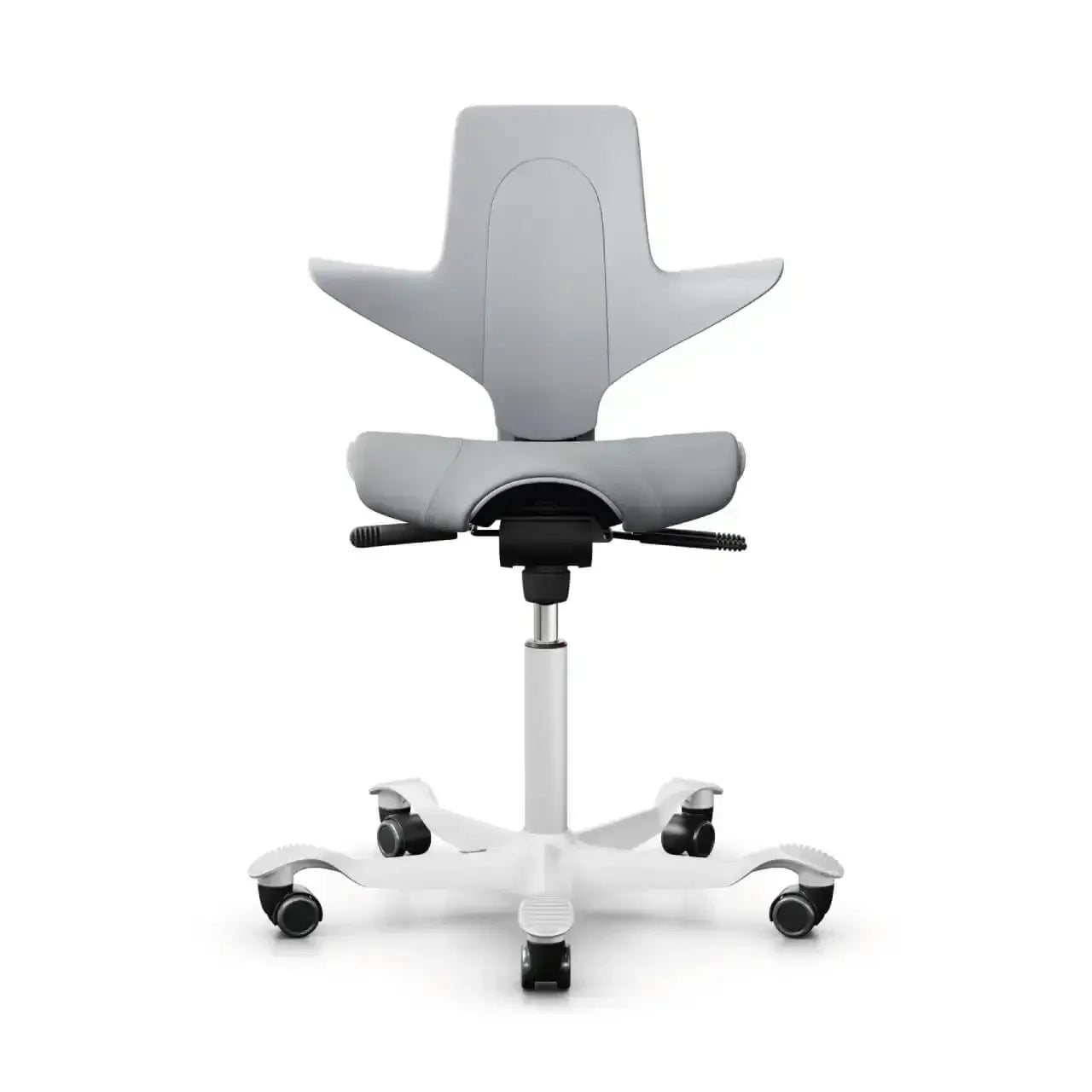 Jasnoszary ergonomiczny fotel biurowy na kółkach, idealny do home office