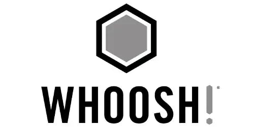 Logo WHOOSH z sześciokątem, czarne litery na białym tle, akcesoria biurowe