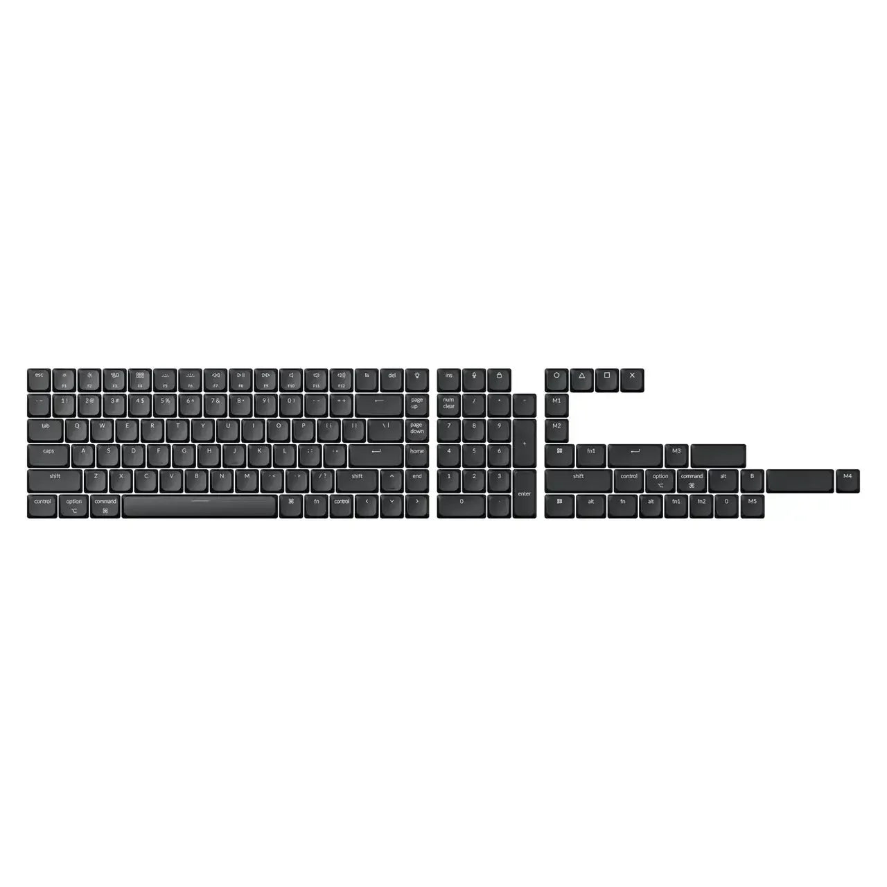 Zestaw keycapów ABS LSA, niski profil, biały nadruk na czarnych nakładkach klawiatury.