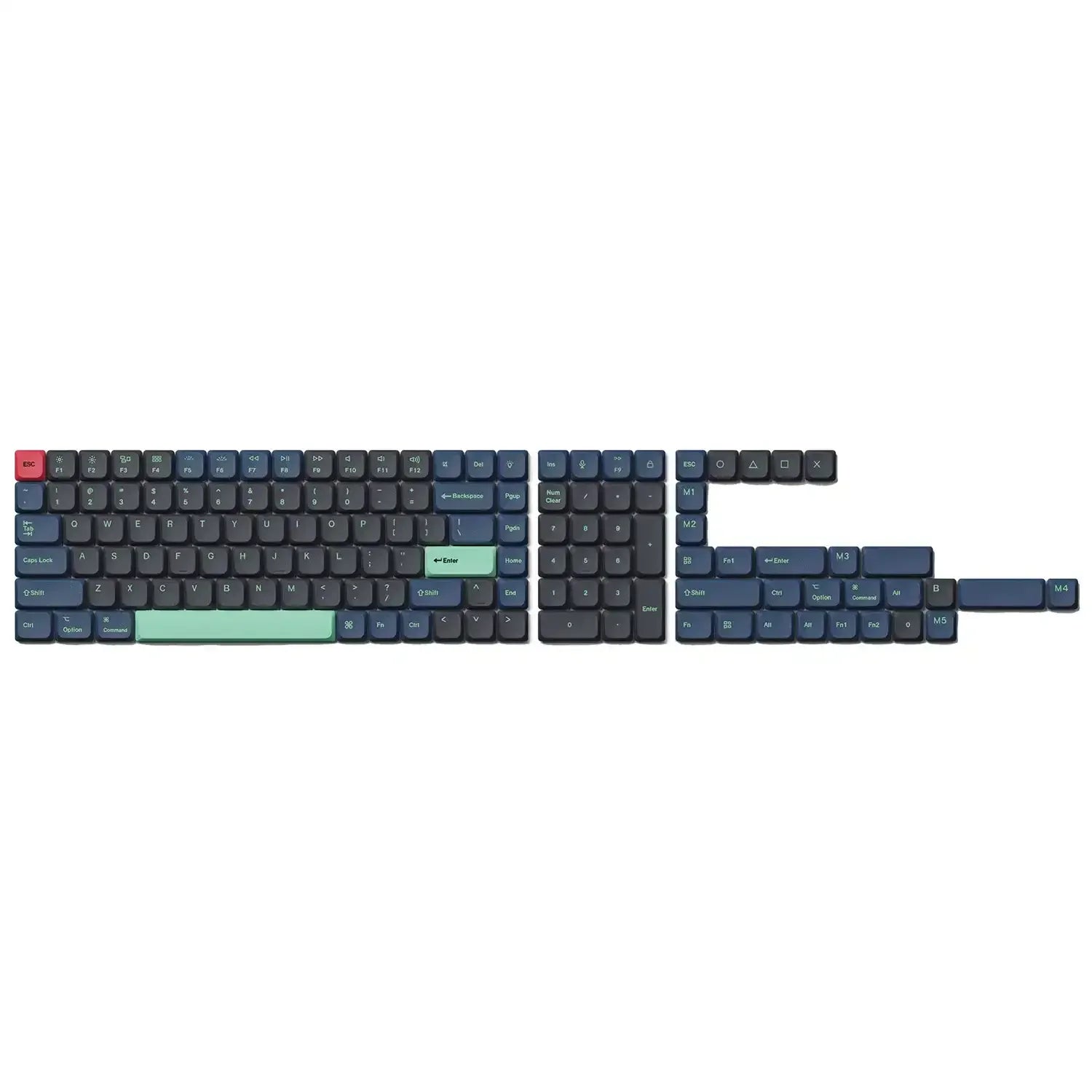 Zestaw keycapów PBT LSA do klawiatury mechanicznej, niski profil, kolor ciemnoniebieski z zielonymi i czerwonymi akcentami.