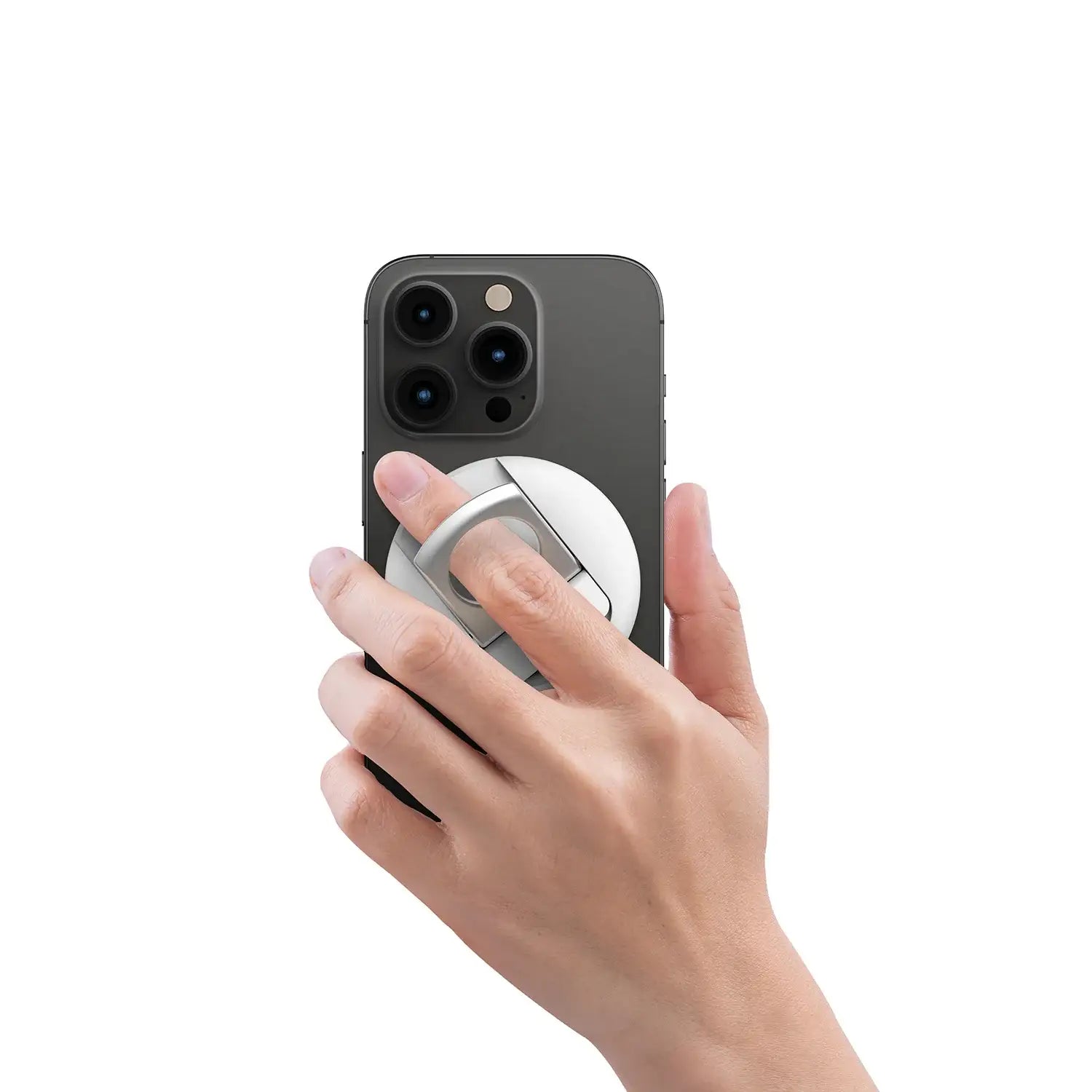 Uchwyt MagSafe na telefon, ręka trzyma smartfon z metalowym ringiem, akcesoria do iPhone