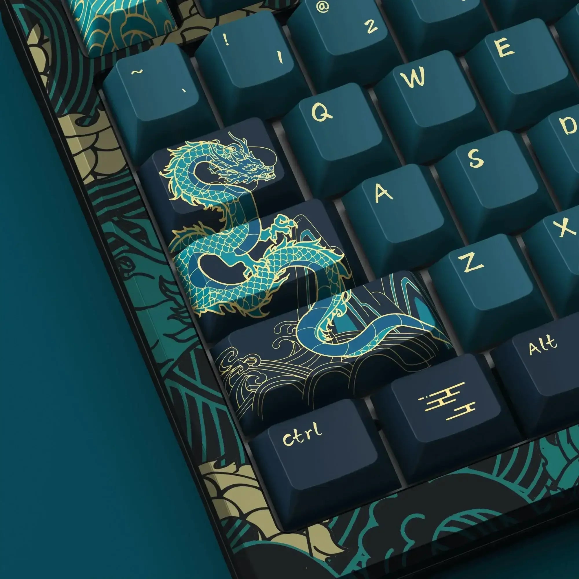 Klawiatura mechaniczna z motywem smoka na keycapach, niebiesko-złote kolory, unikalny design