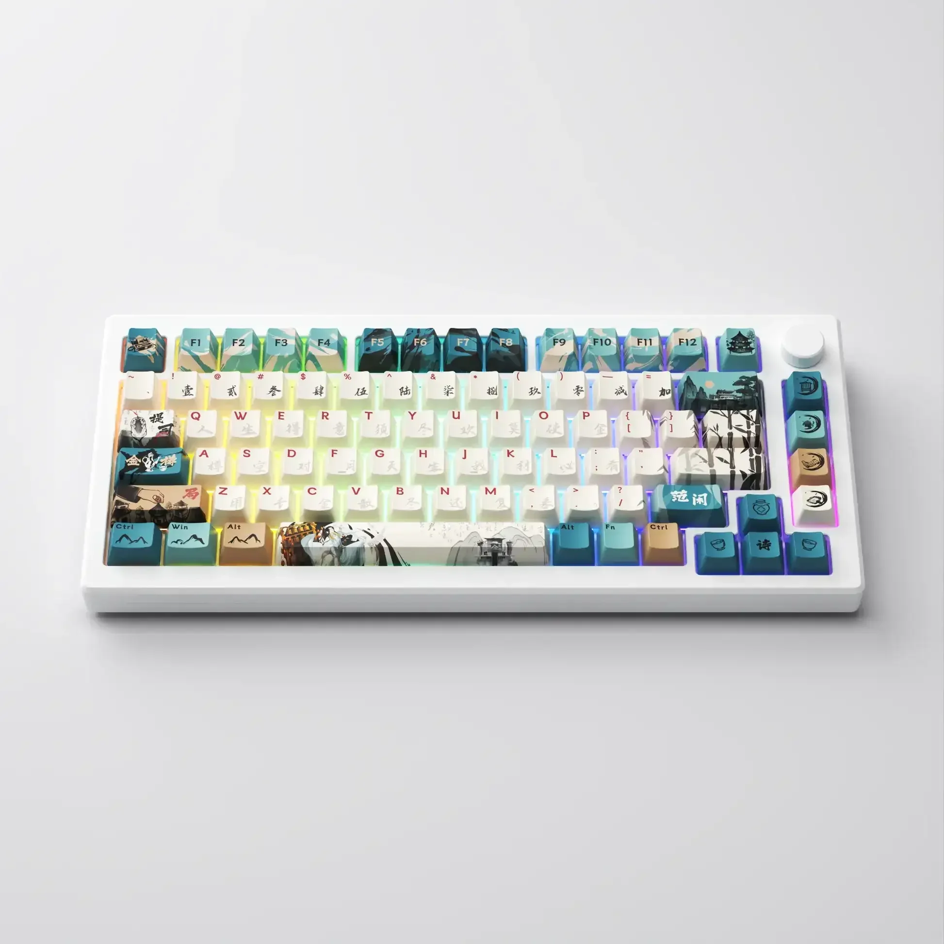 Kolorowa klawiatura mechaniczna z motywami graficznymi na keycapach, idealna do biura