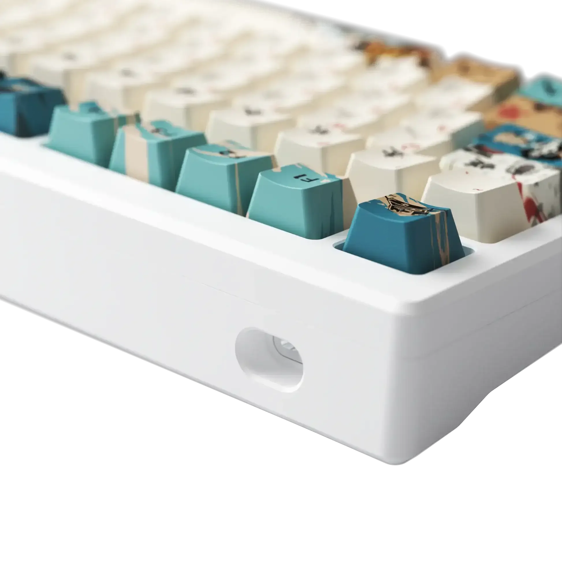 Biała klawiatura mechaniczna z niebieskimi i kremowymi keycapami, nowoczesny design