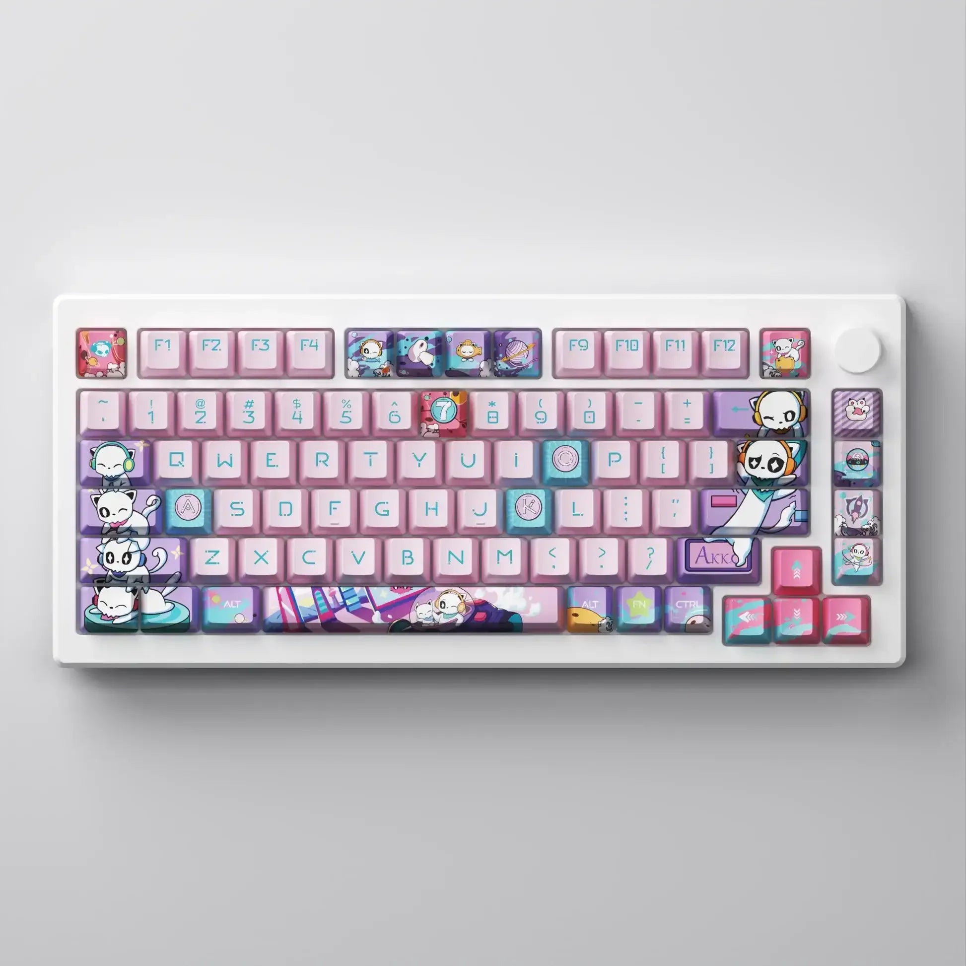 Klawiatura mechaniczna z pastelowymi keycapami i motywem kawaii kotów, idealna do desk setupu
