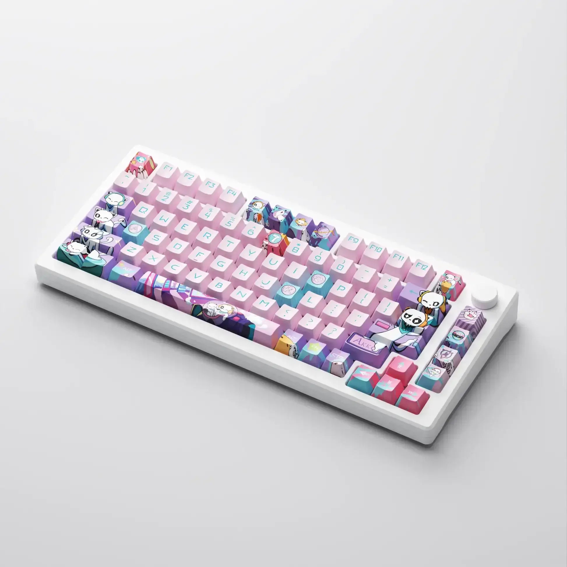 Kolorowa klawiatura mechaniczna z animowanymi keycapami, różowo-fioletowy motyw