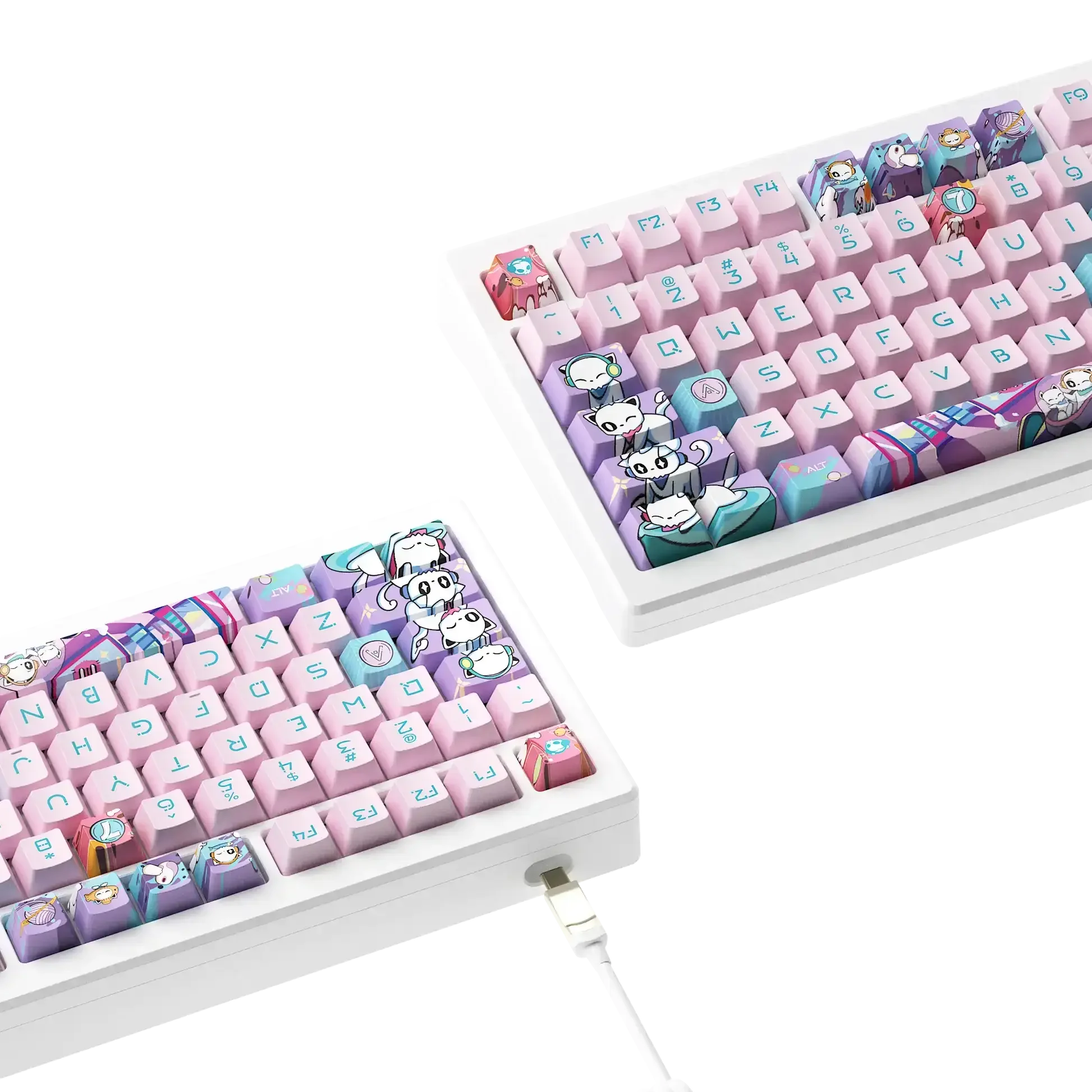 Biała klawiatura mechaniczna z różowo-fioletowymi keycapami ozdobionymi motywami kotów i postaci anime