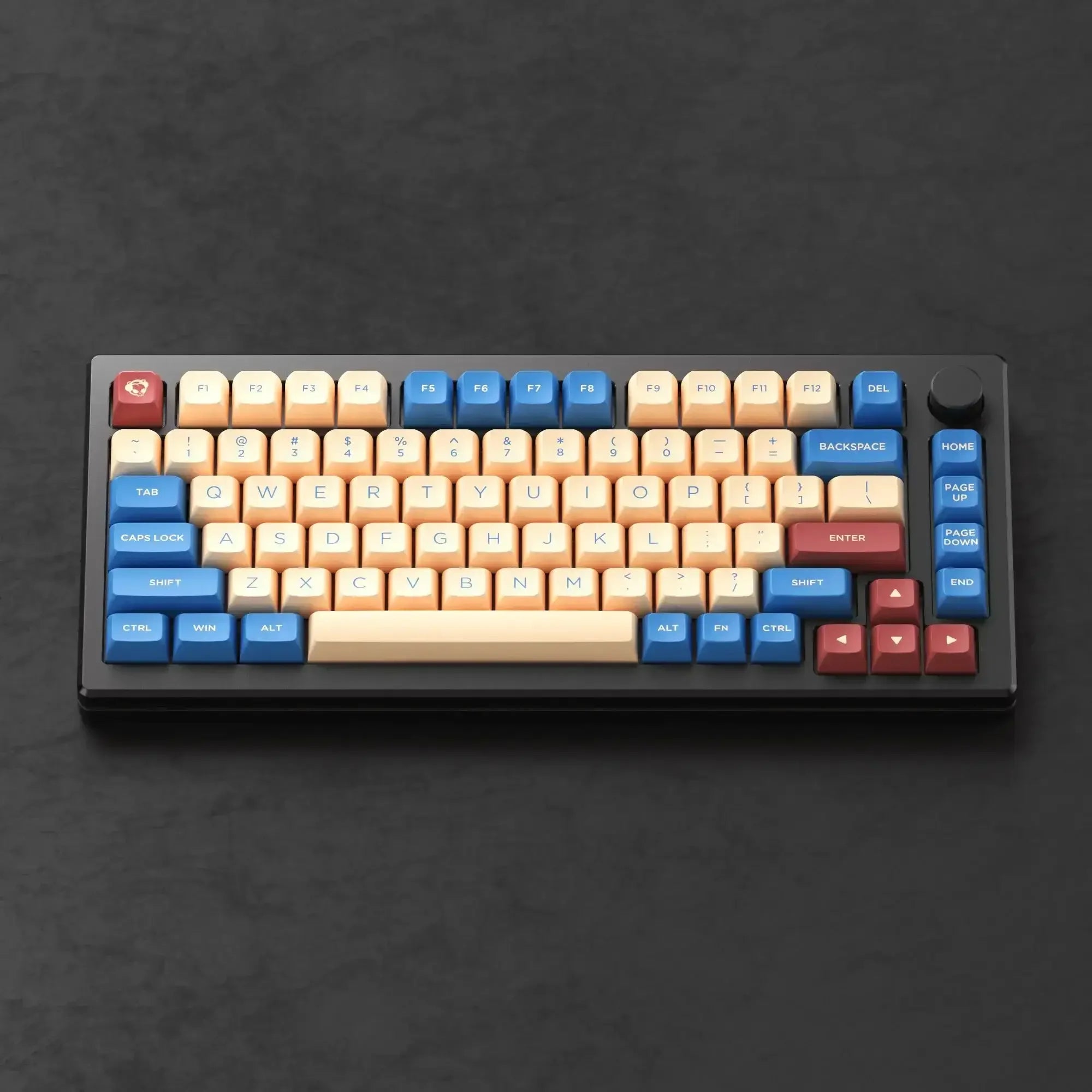 Klawiatura mechaniczna z kolorowymi keycapami, czarna obudowa, ergonomiczny design